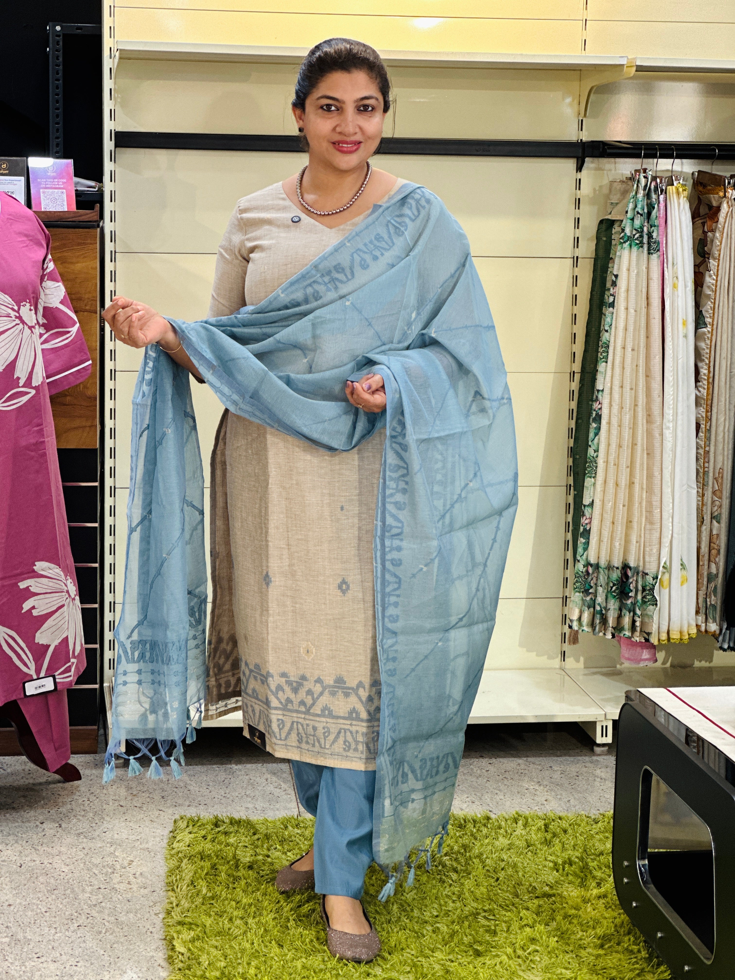 Jamdani Woven Chanderi-Linen Finish Unstitched Salwar Set | SSN471