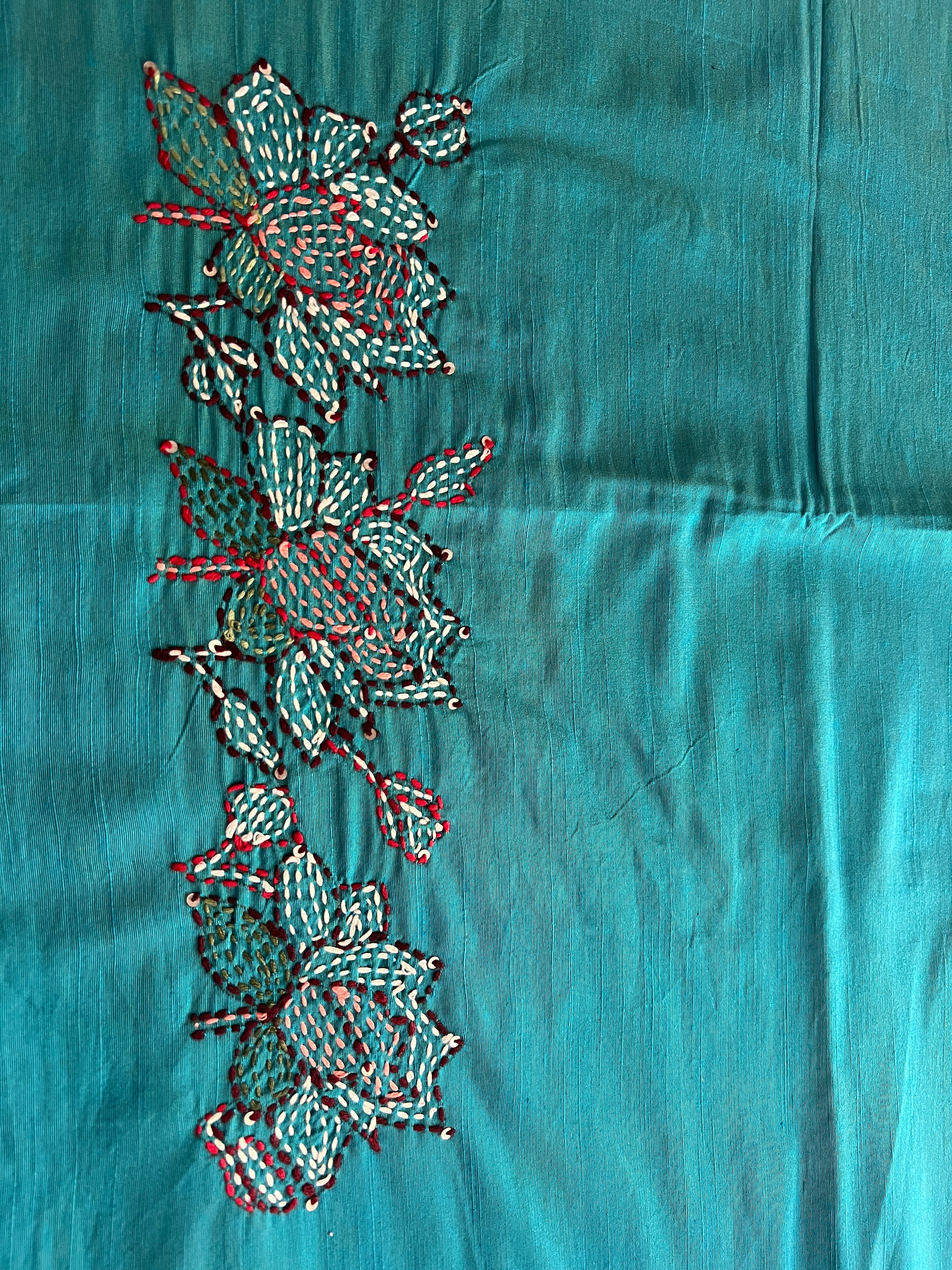 Floral Kantha Embroidery Detailed Blended Raw Cotton Blouse Material | OS477