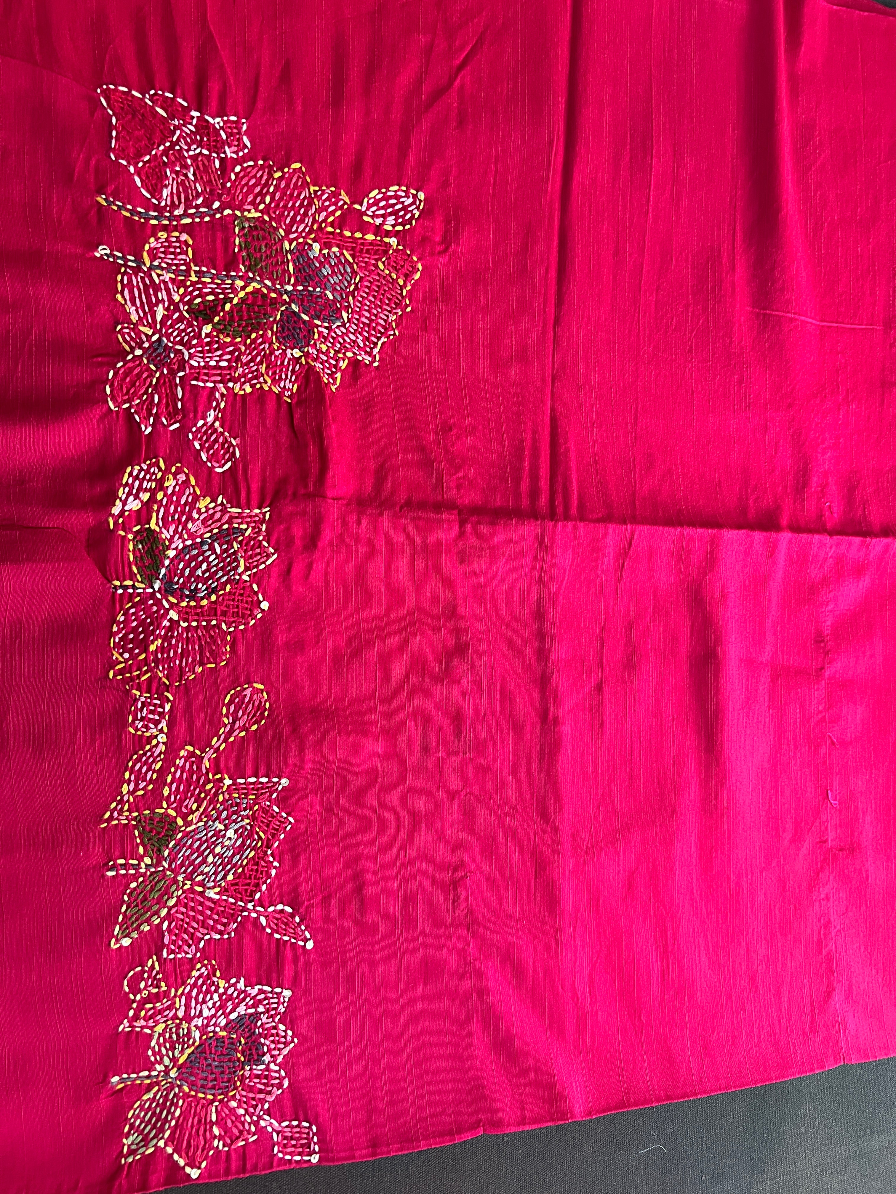 Floral Kantha Embroidery Detailed Blended Raw Cotton Blouse Material | OS478