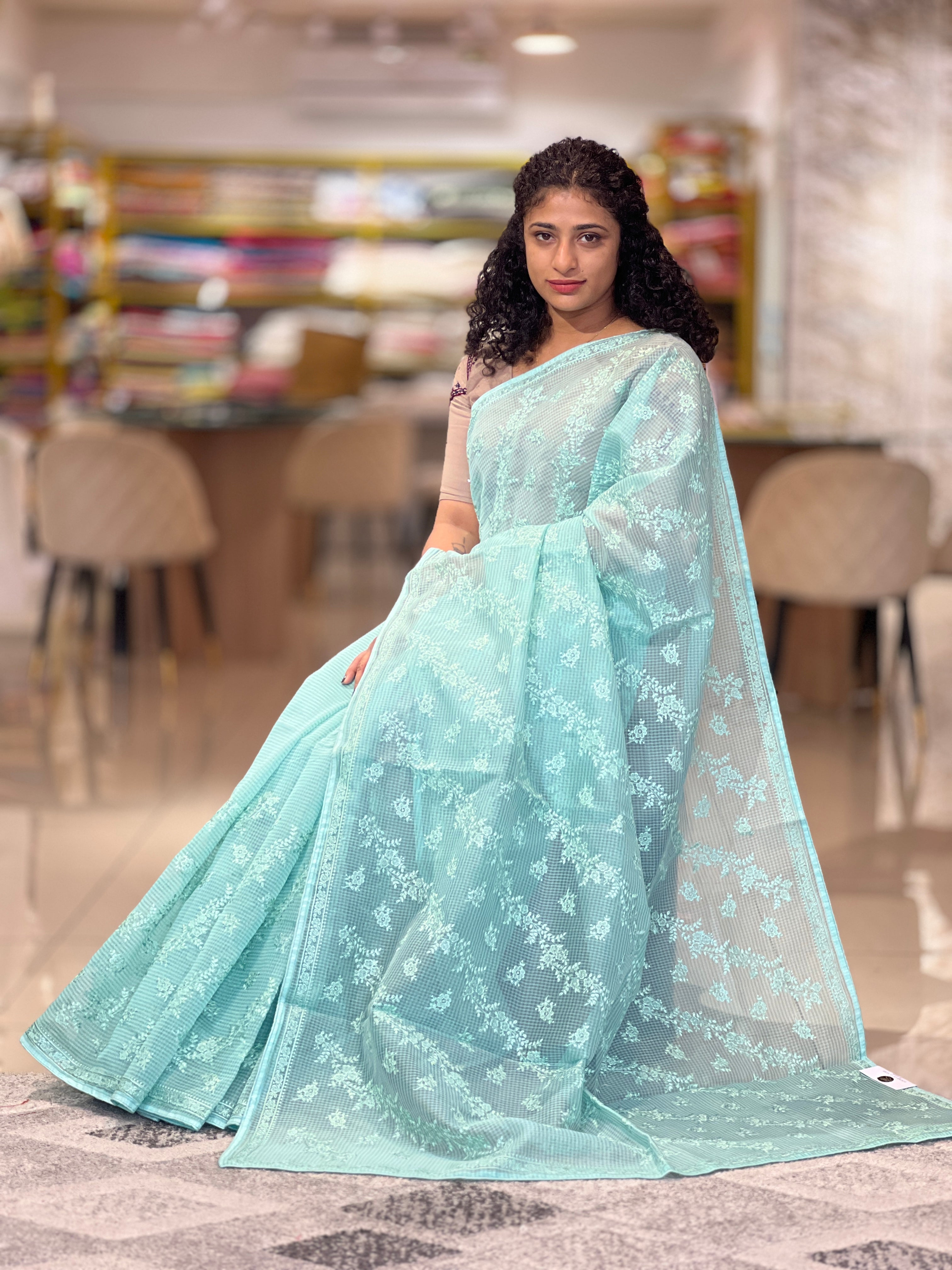 Floral Machine Embroidered Check Organza Saree | BLD672