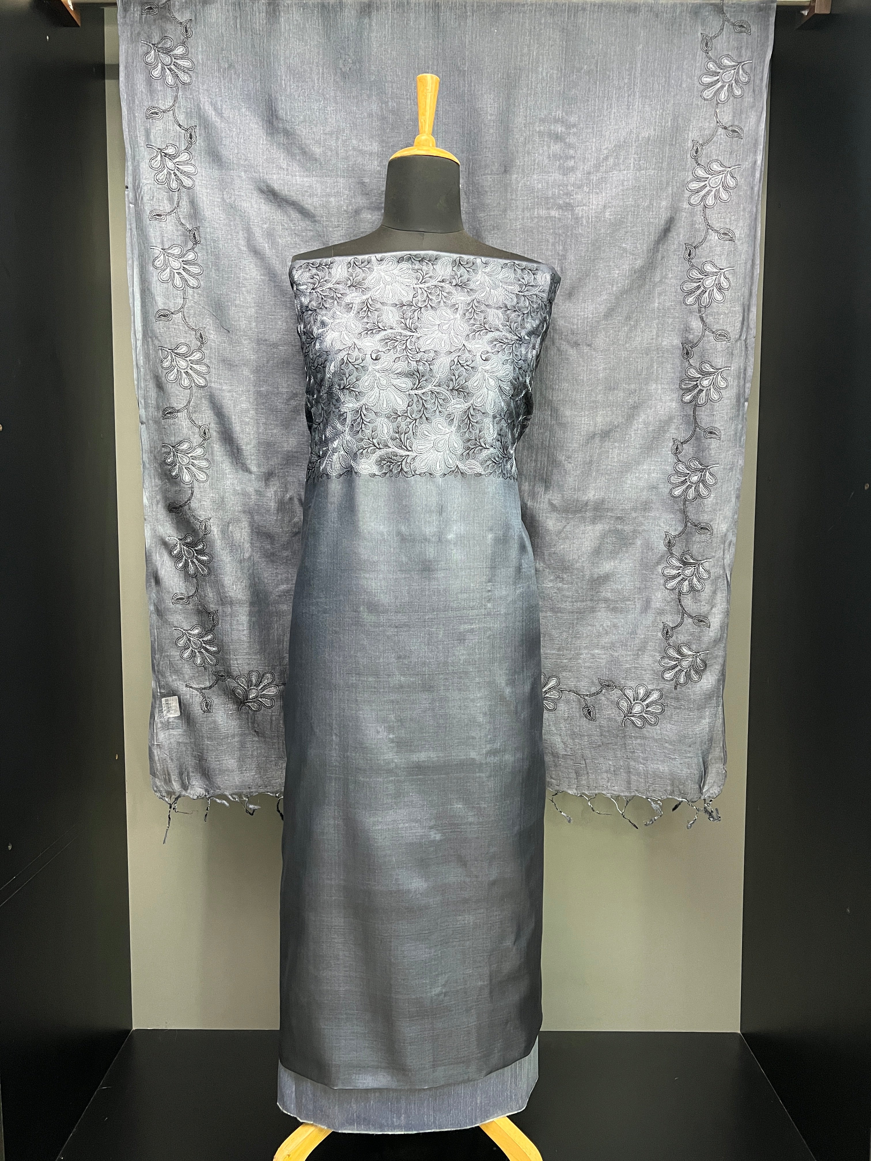 Machine Embroidered Pure Tussar Salwar Set | MNH548