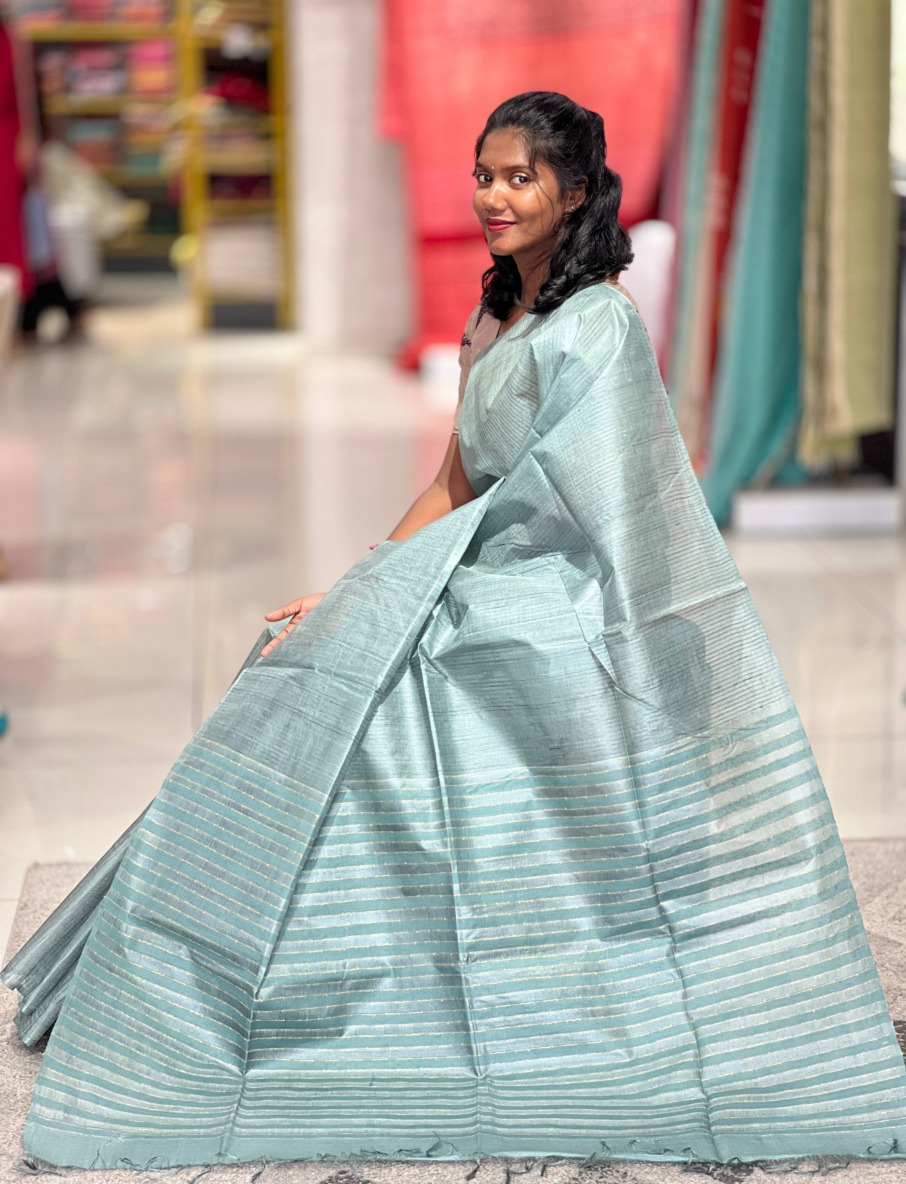 Stripe Patterned Noil Tussar Saree | MNH422