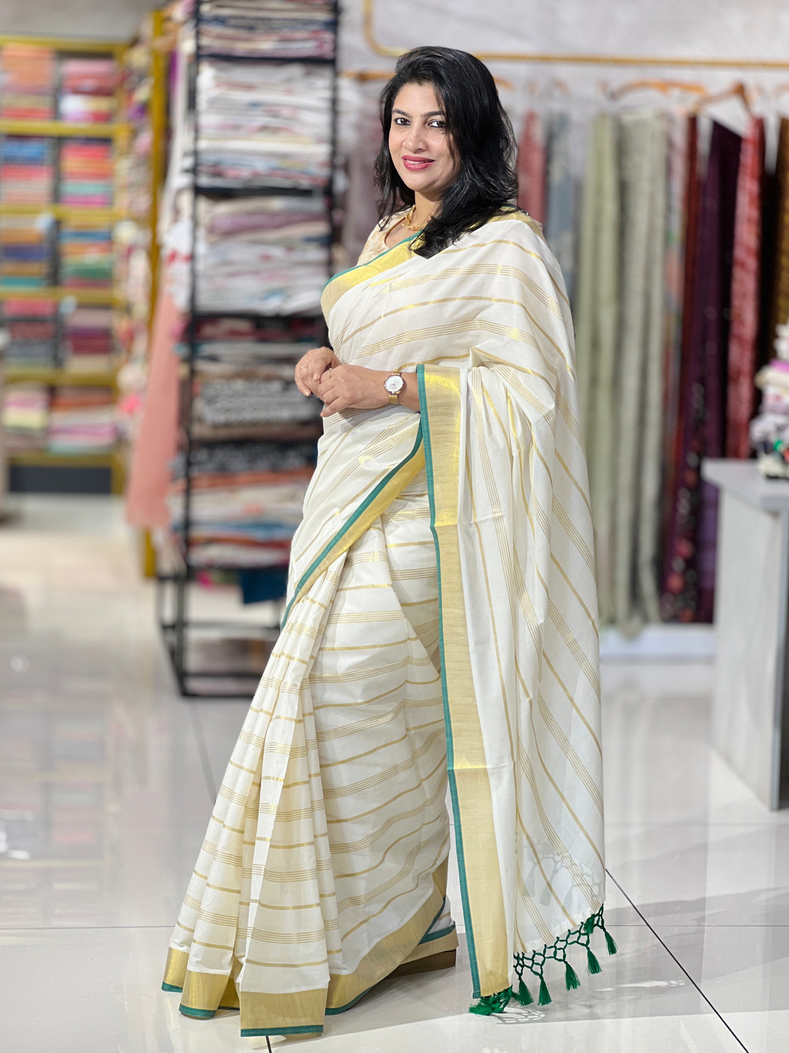Line Woven Pattern Kerala  Cotton Saree |GAT603