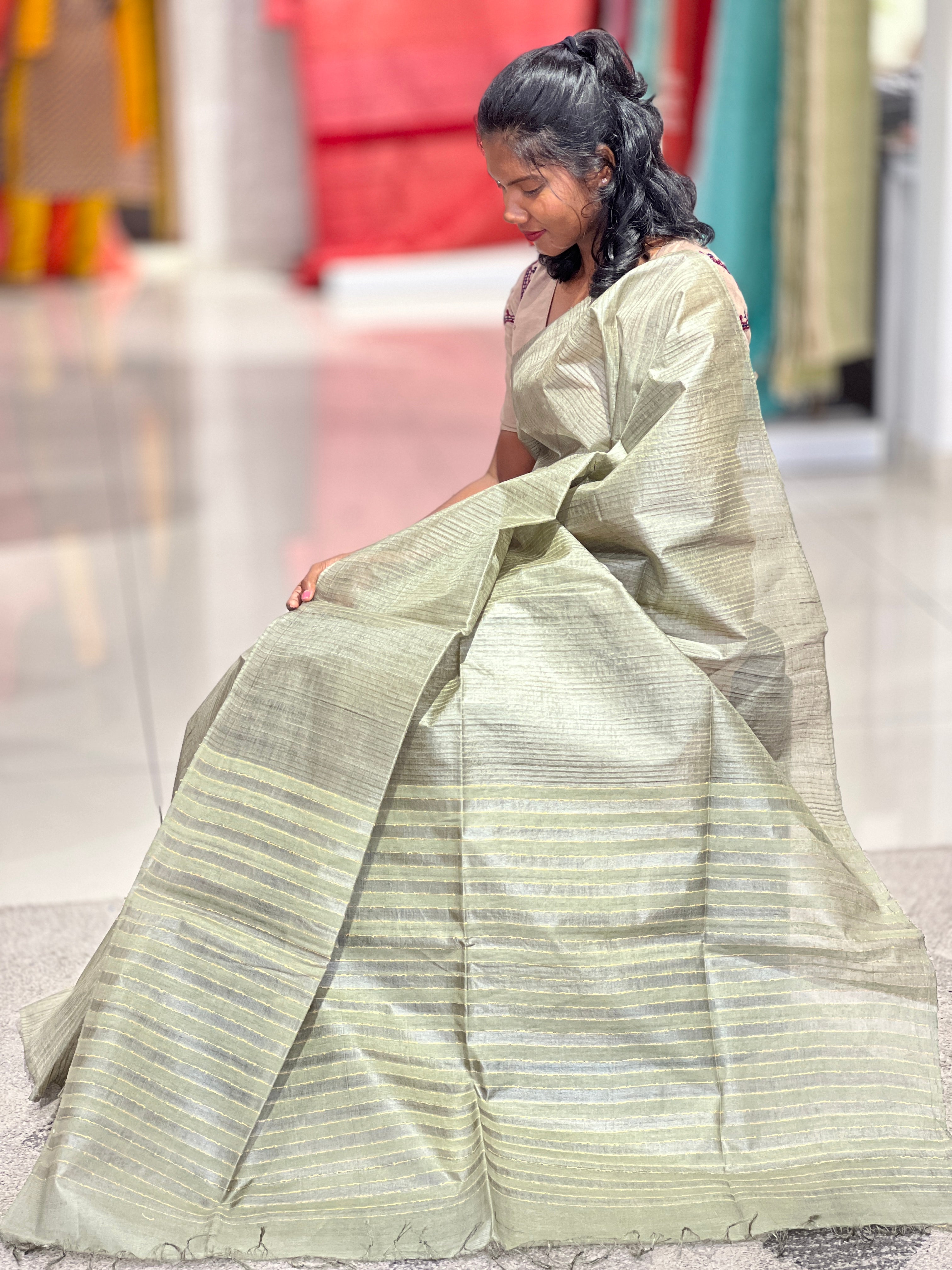 Stripe Patterned Noil Tussar Saree | MNH429