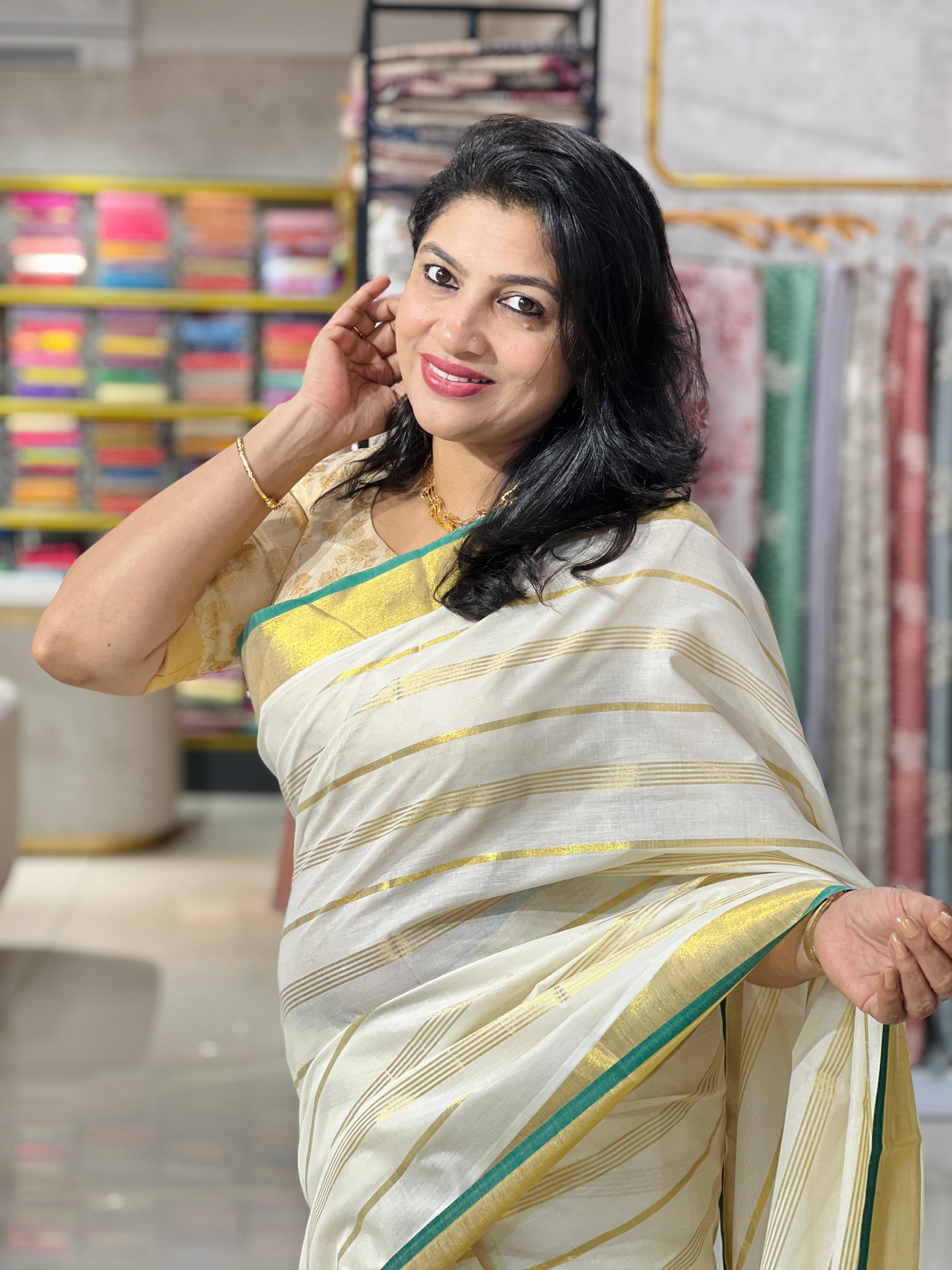 Line Woven Pattern Kerala  Cotton Saree |GAT603