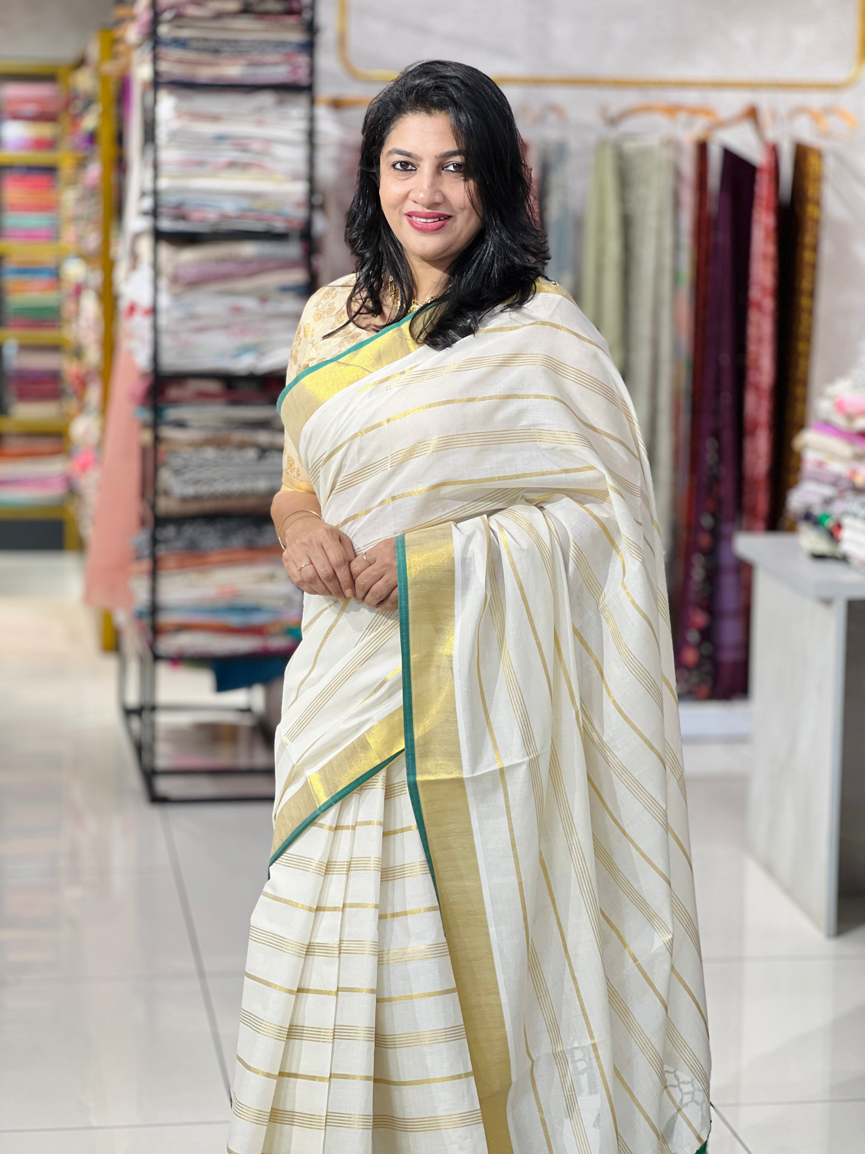 Line Woven Pattern Kerala  Cotton Saree |GAT603