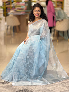 Floral Embroidered Crushed Tissue Organza Saree | BLD694