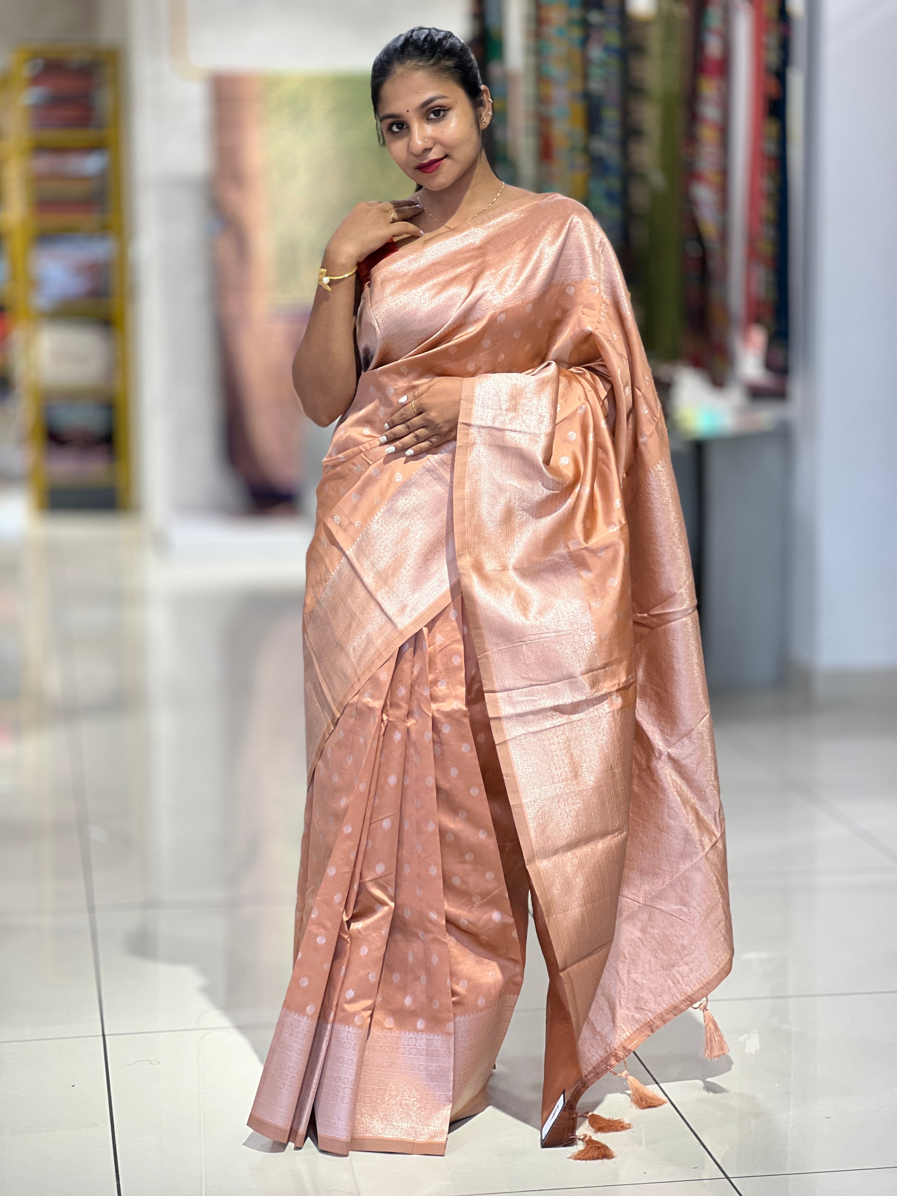 Traditional Silver Zari Buta Weaved Semi Silk Saree | HT169