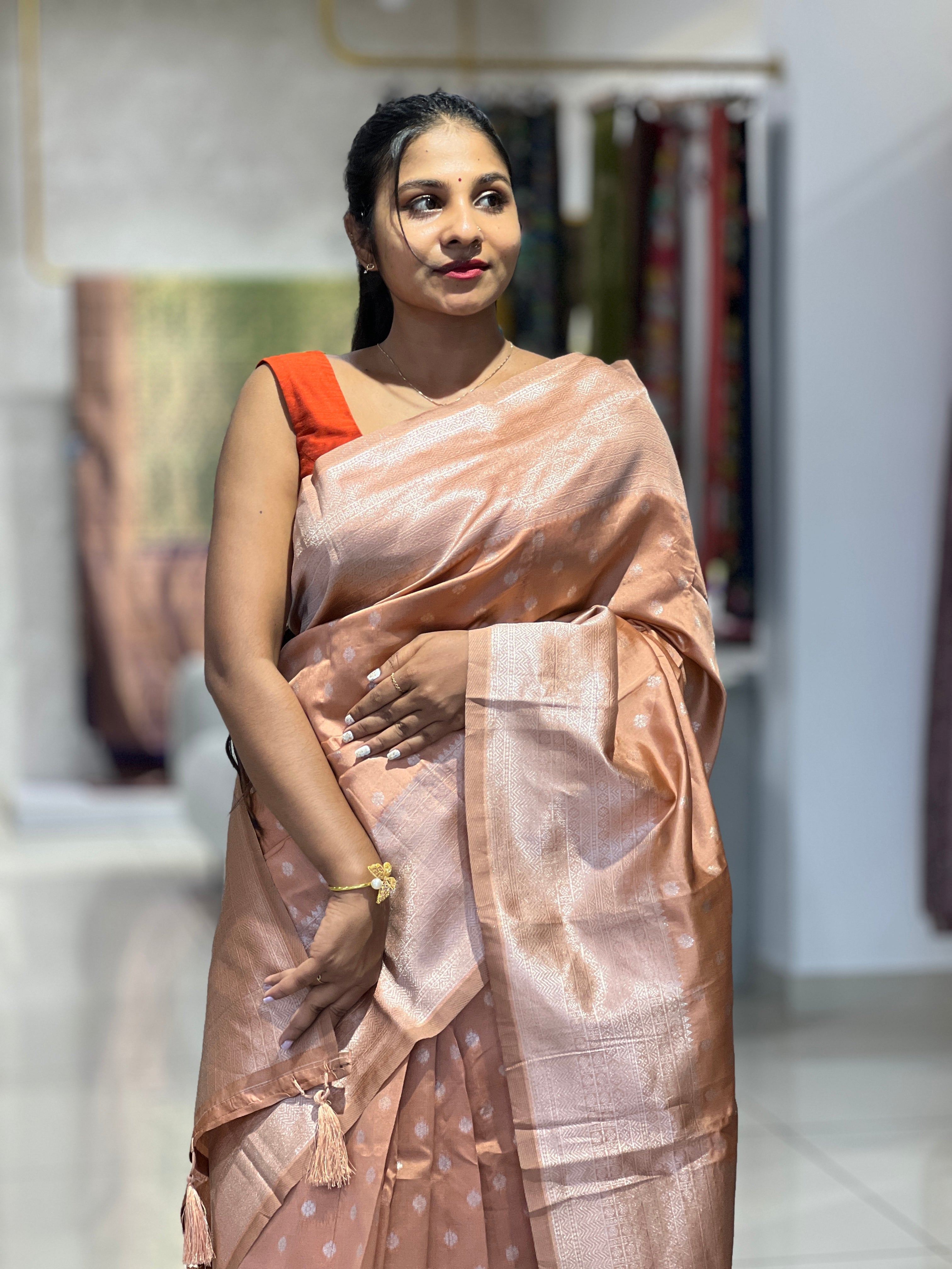 Traditional Silver Zari Buta Weaved Semi Silk Saree | HT169