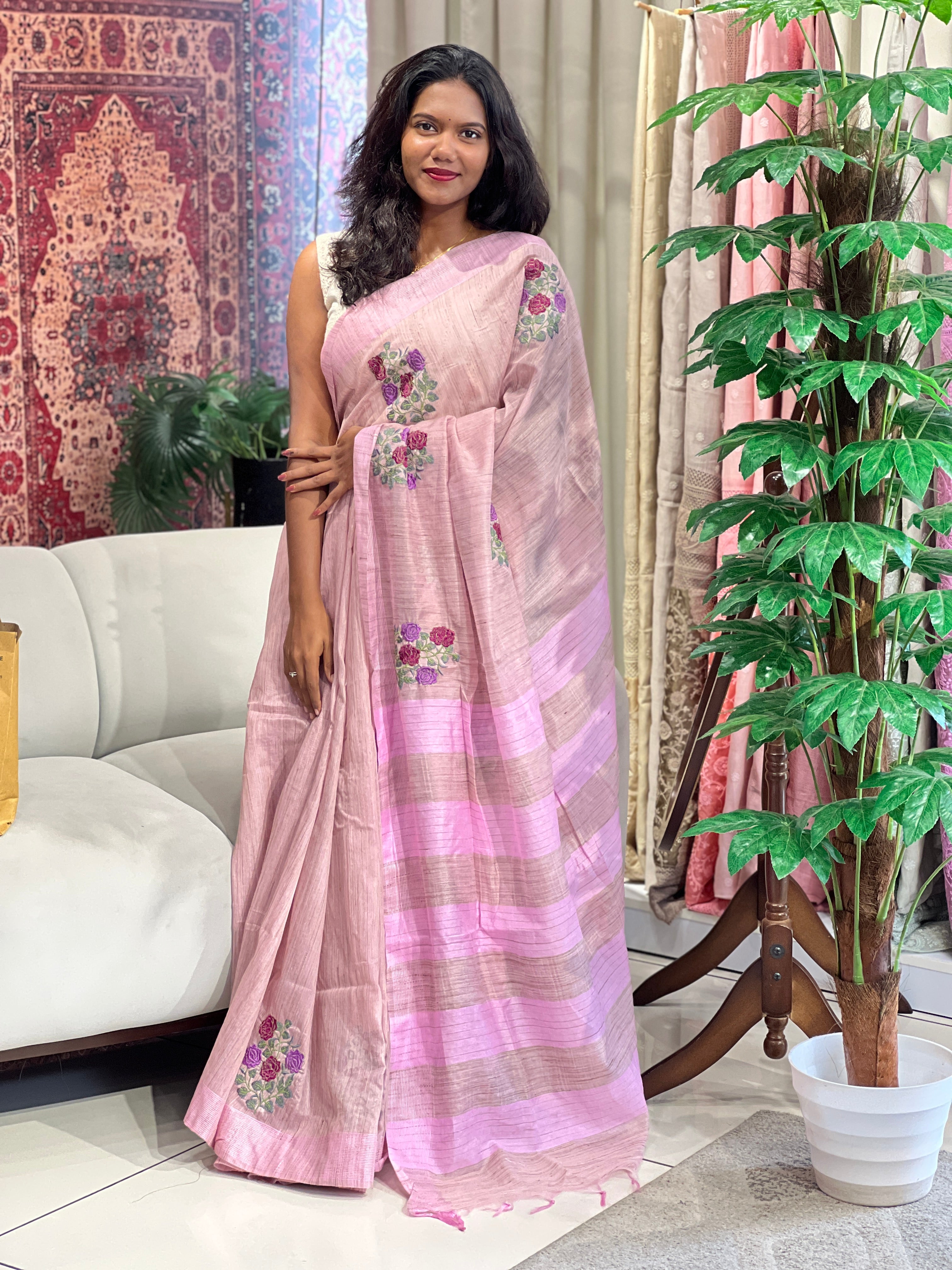 Floral Embroidered Basbara Silk Finish Saree | NHH376