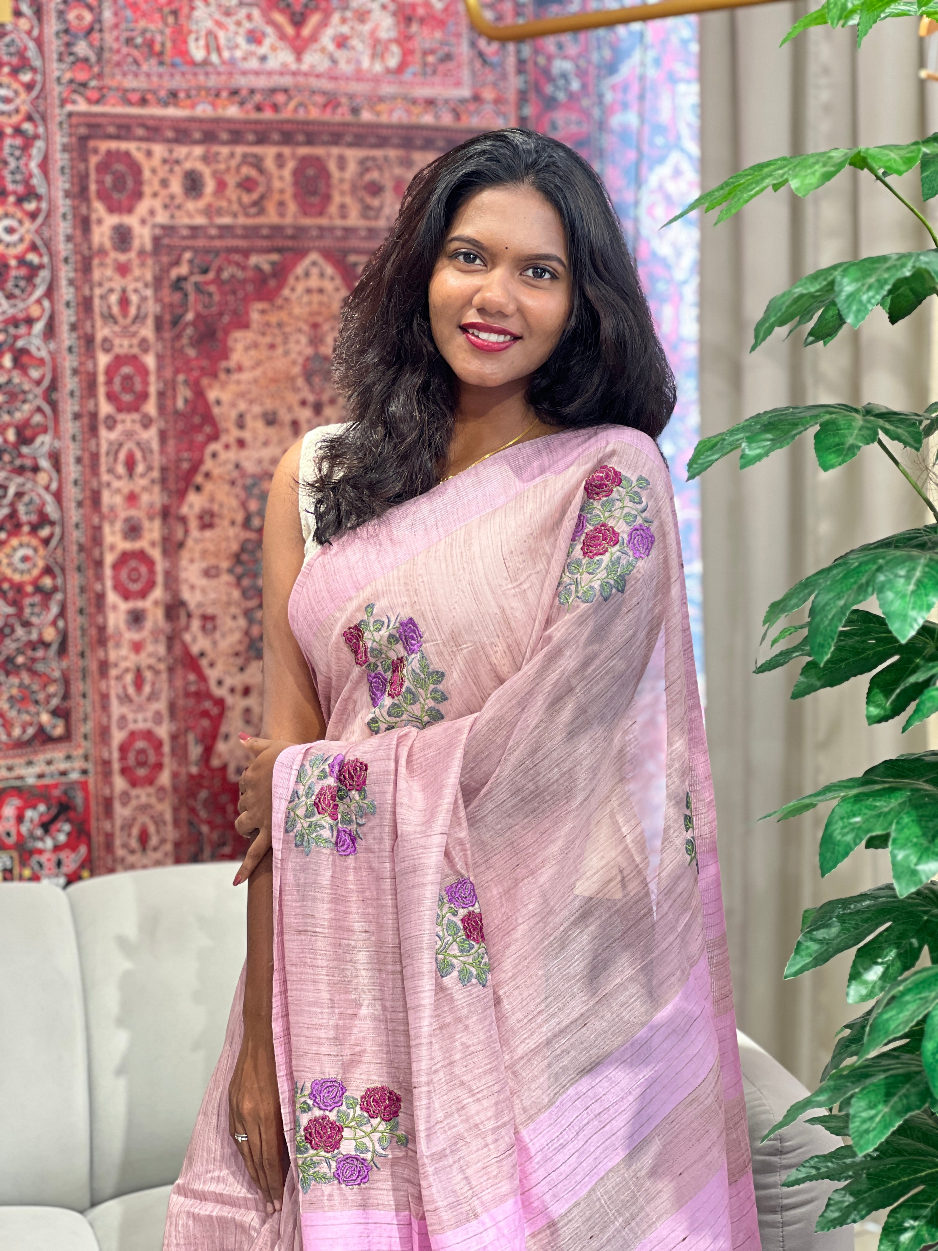 Floral Embroidered Basbara Silk Finish Saree | NHH376