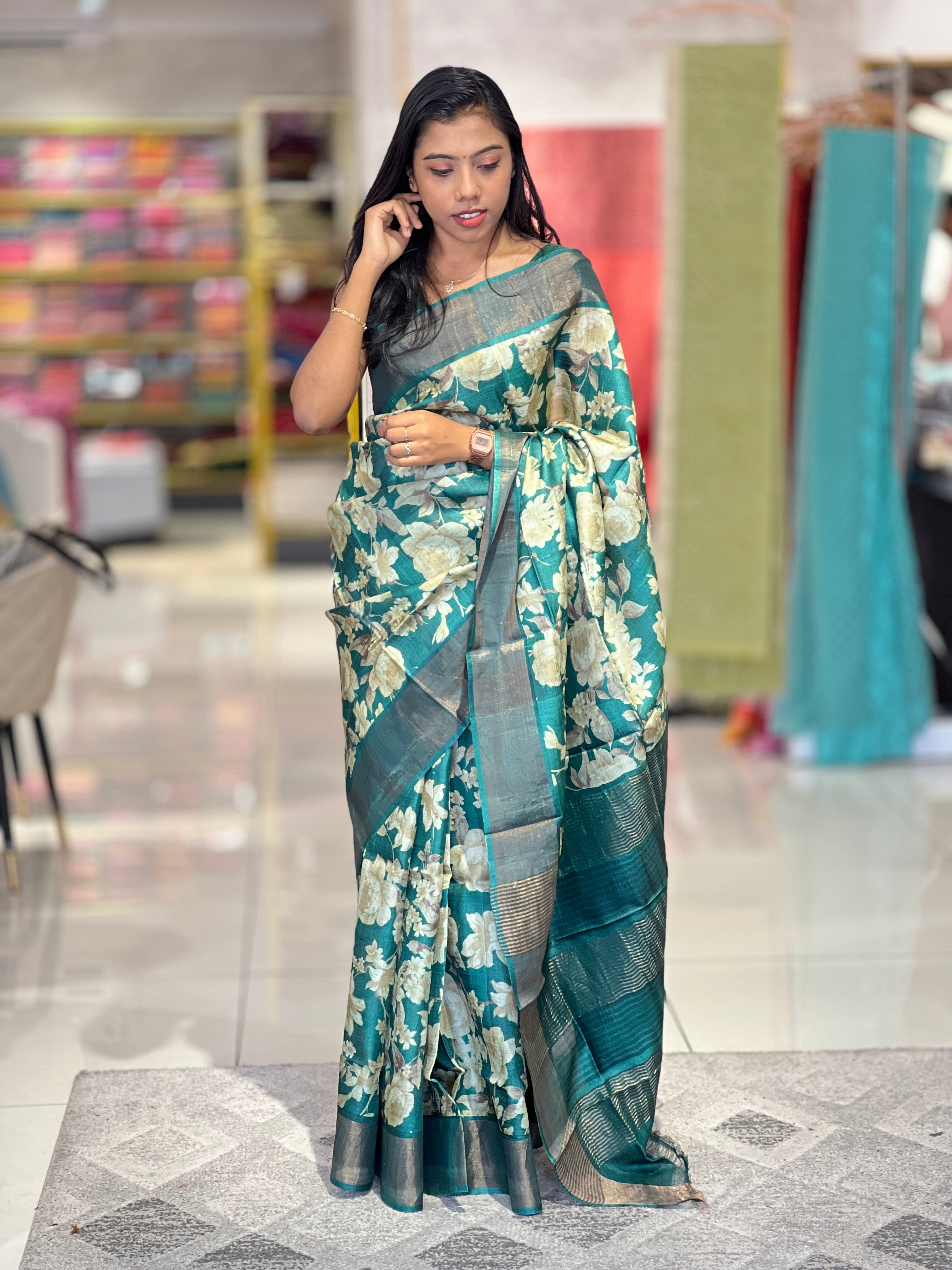 Floral Printed Tussar Saree | NLM153
