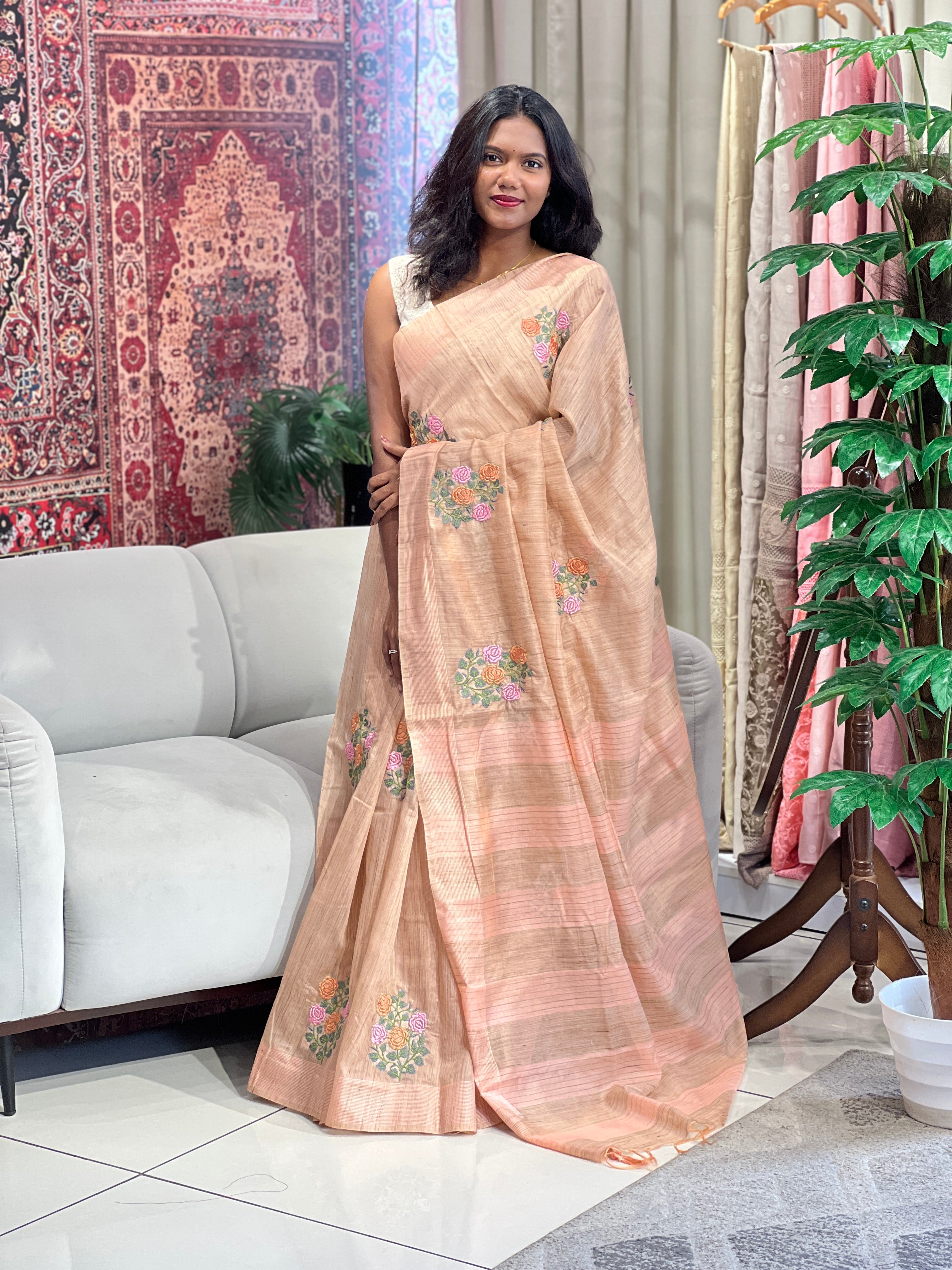Floral Embroidered Basbara Silk Finish Saree | NHH374