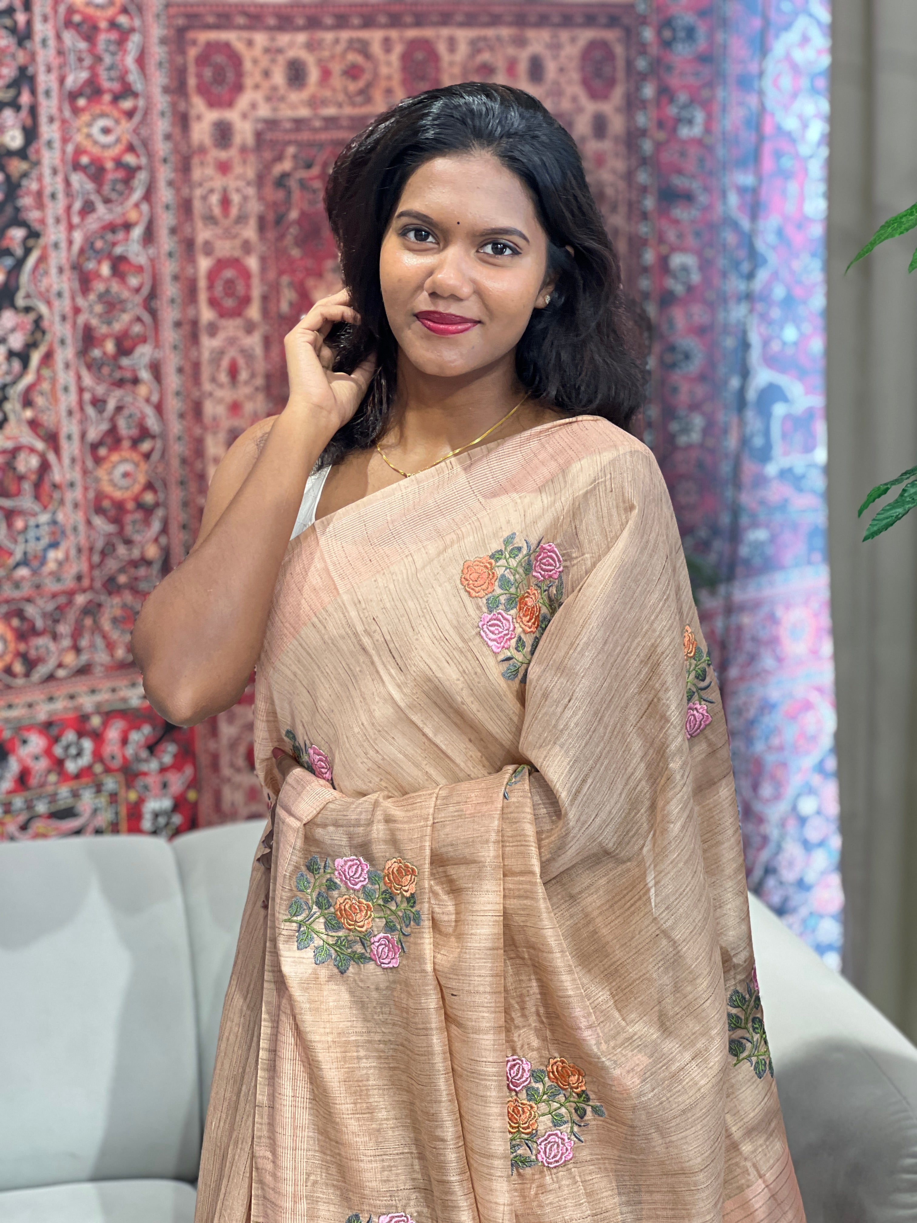 Floral Embroidered Basbara Silk Finish Saree | NHH374