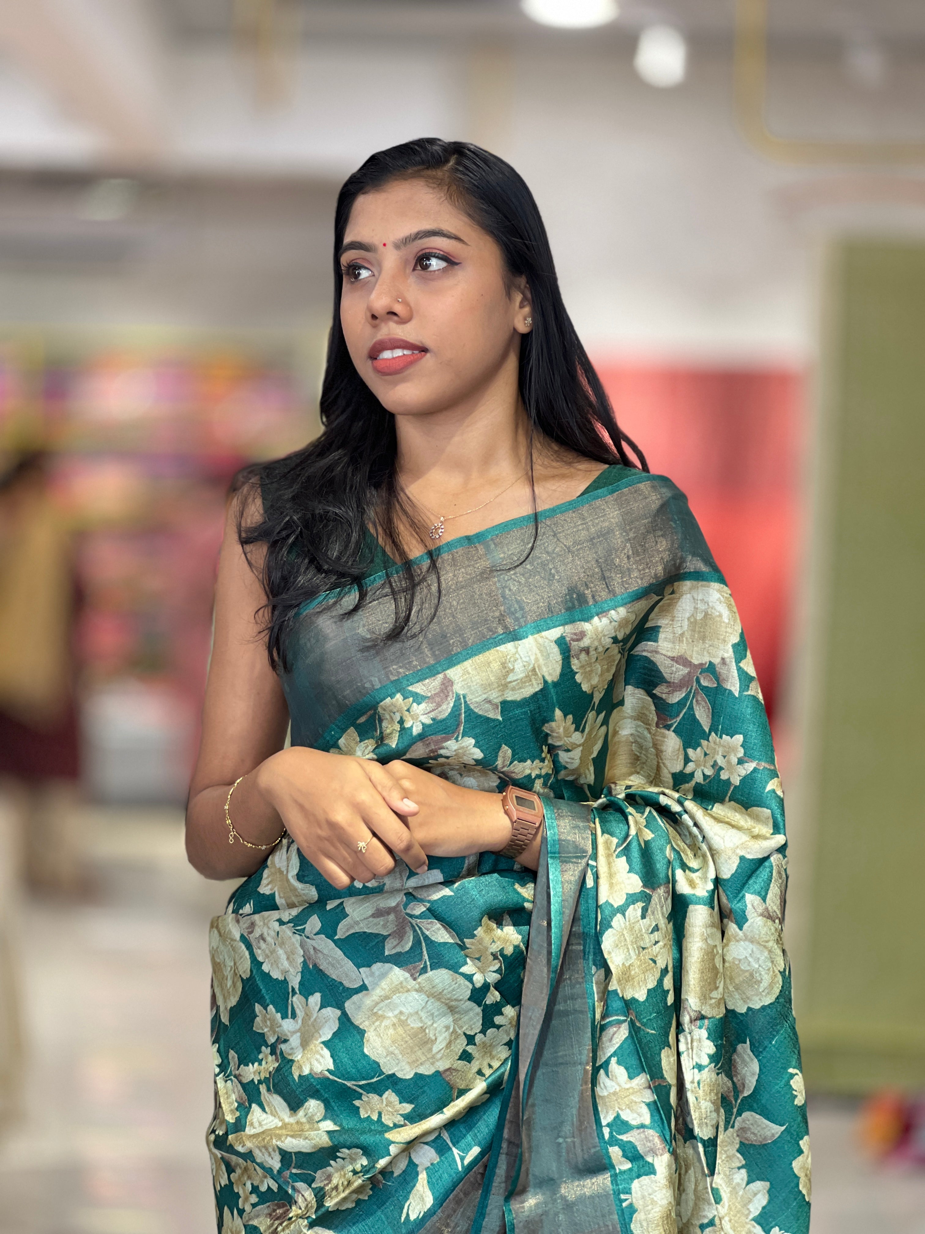 Floral Printed Tussar Saree | NLM153