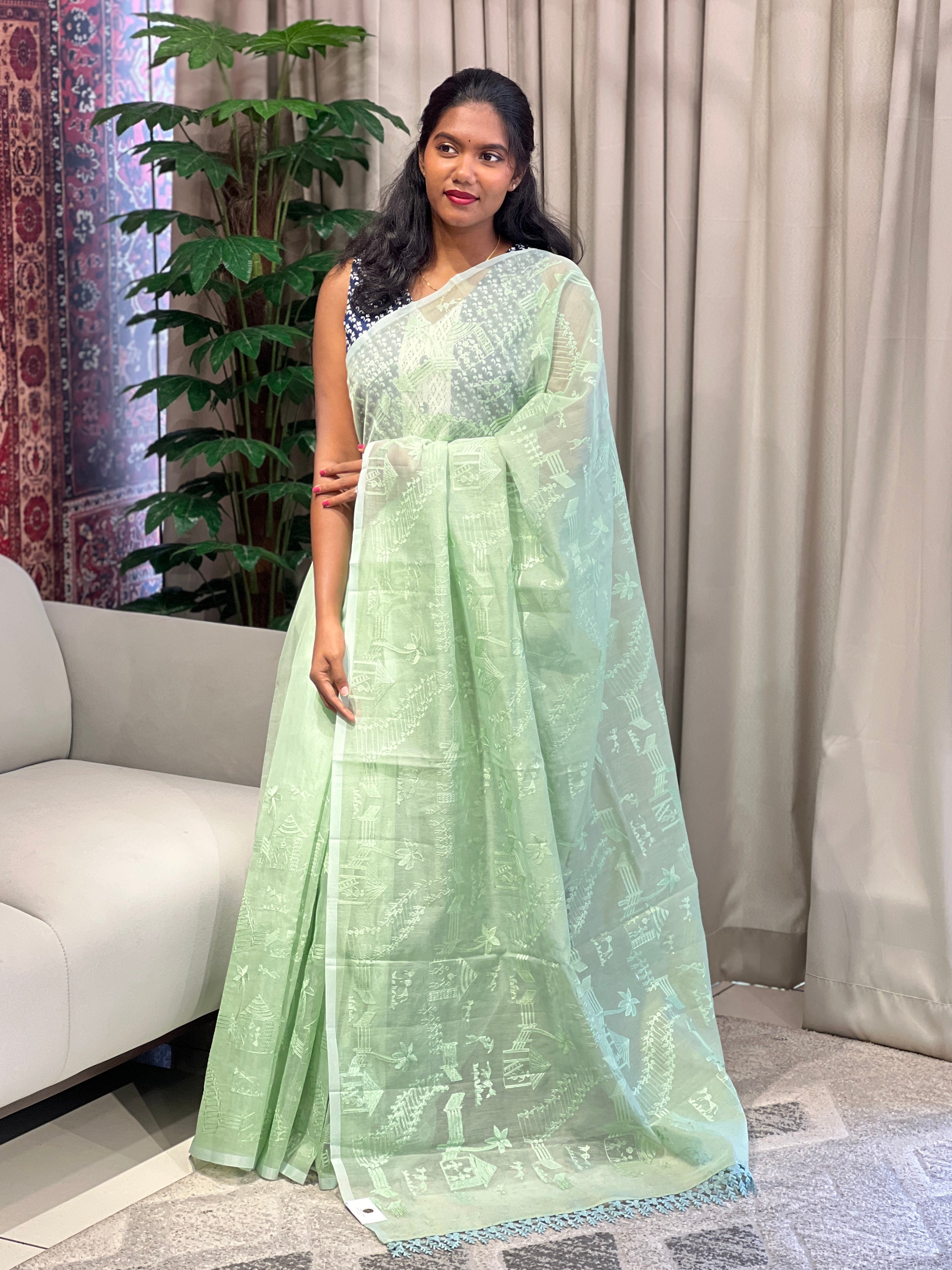 Warli Pattern Embroidery Detailed Supernet Kota Saree | YNG913