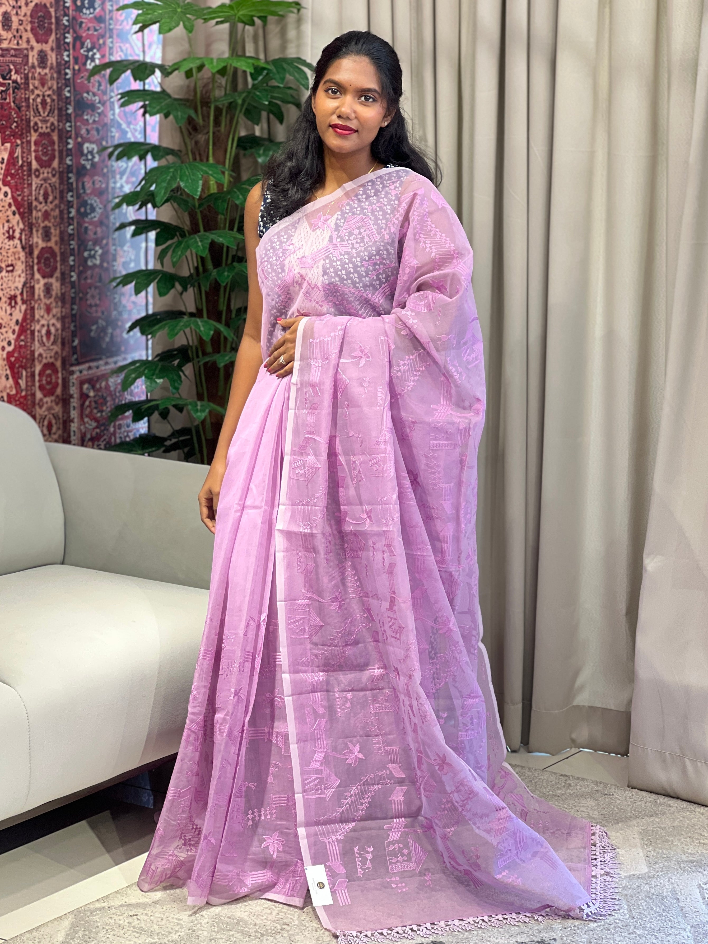 Warli Pattern Embroidery Detailed Supernet Kota Saree | YNG912