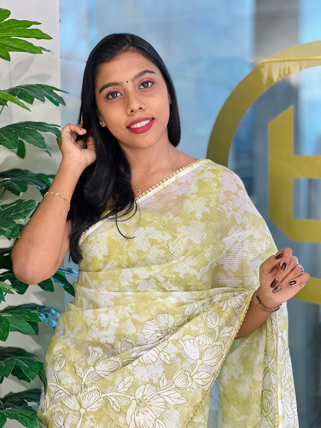 Print With Floral Applique Work Detailed Kota Saree | BLD1307