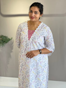 Floral Print With Patch Detailed Cotton Kurta Material | DN752