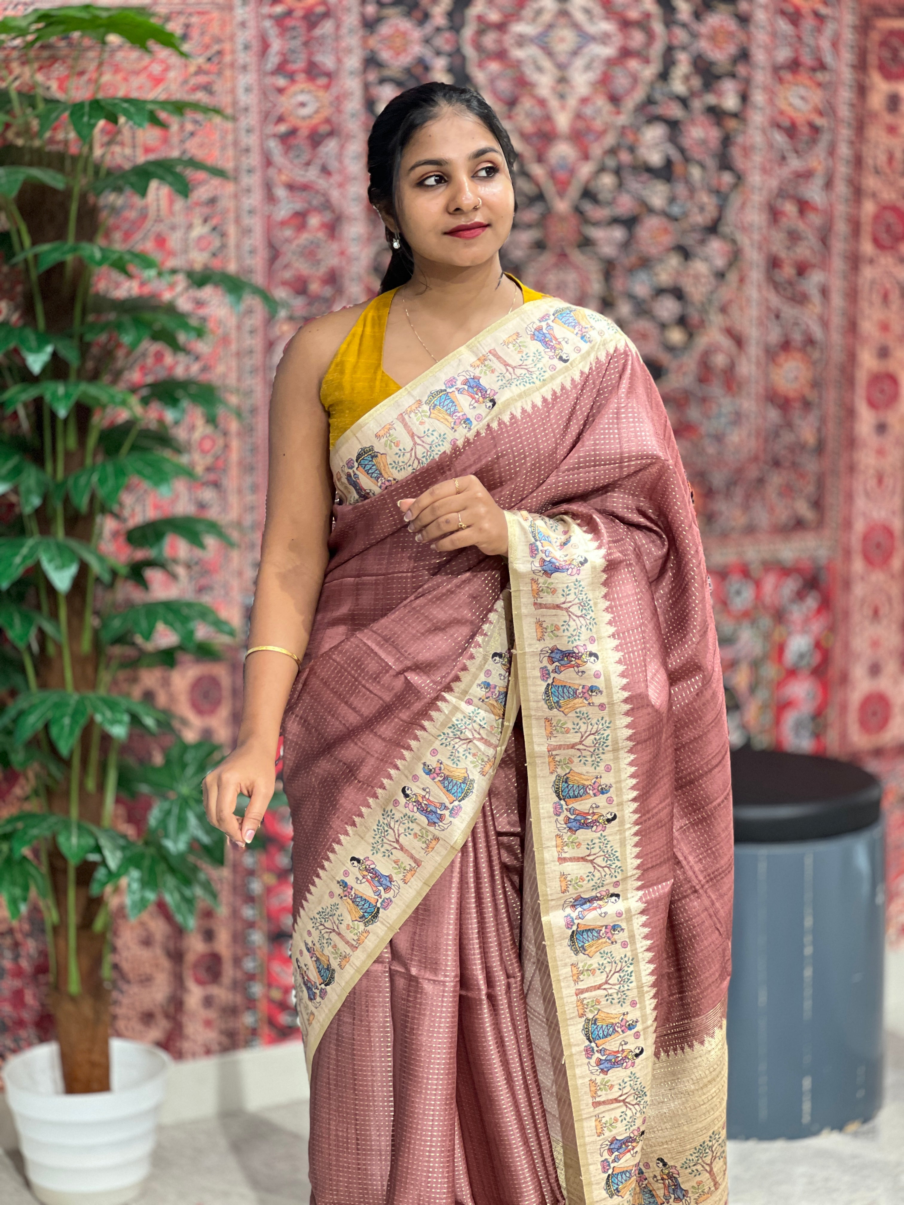 Madhubani Print Detailed Semi Tussar Saree | SSN267