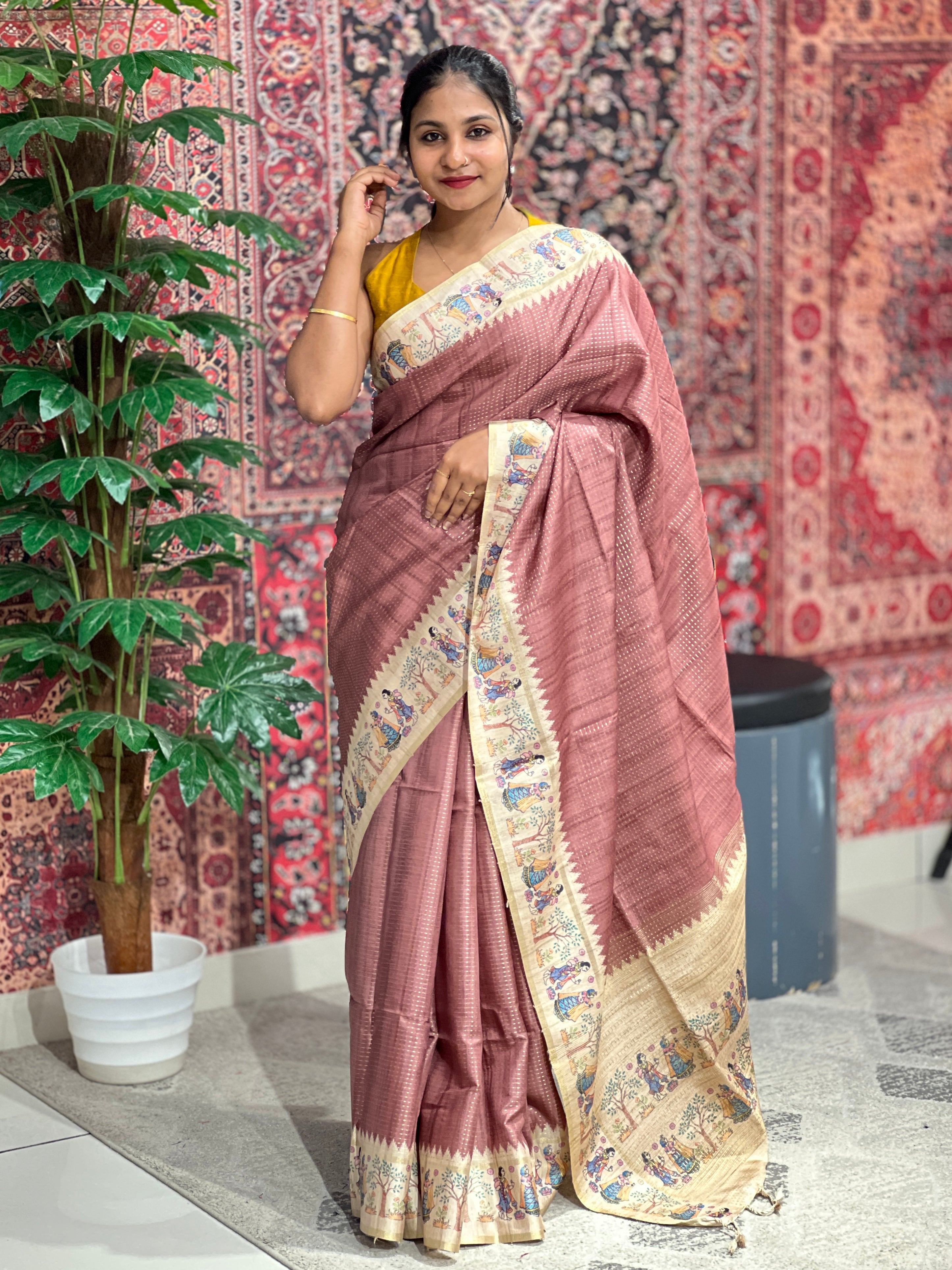 Madhubani Print Detailed Semi Tussar Saree | SSN267