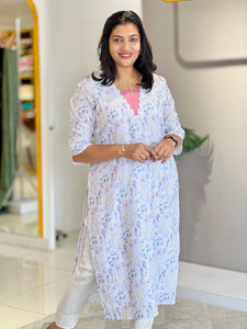 Floral Print With Patch Detailed Cotton Kurta Material | DN752