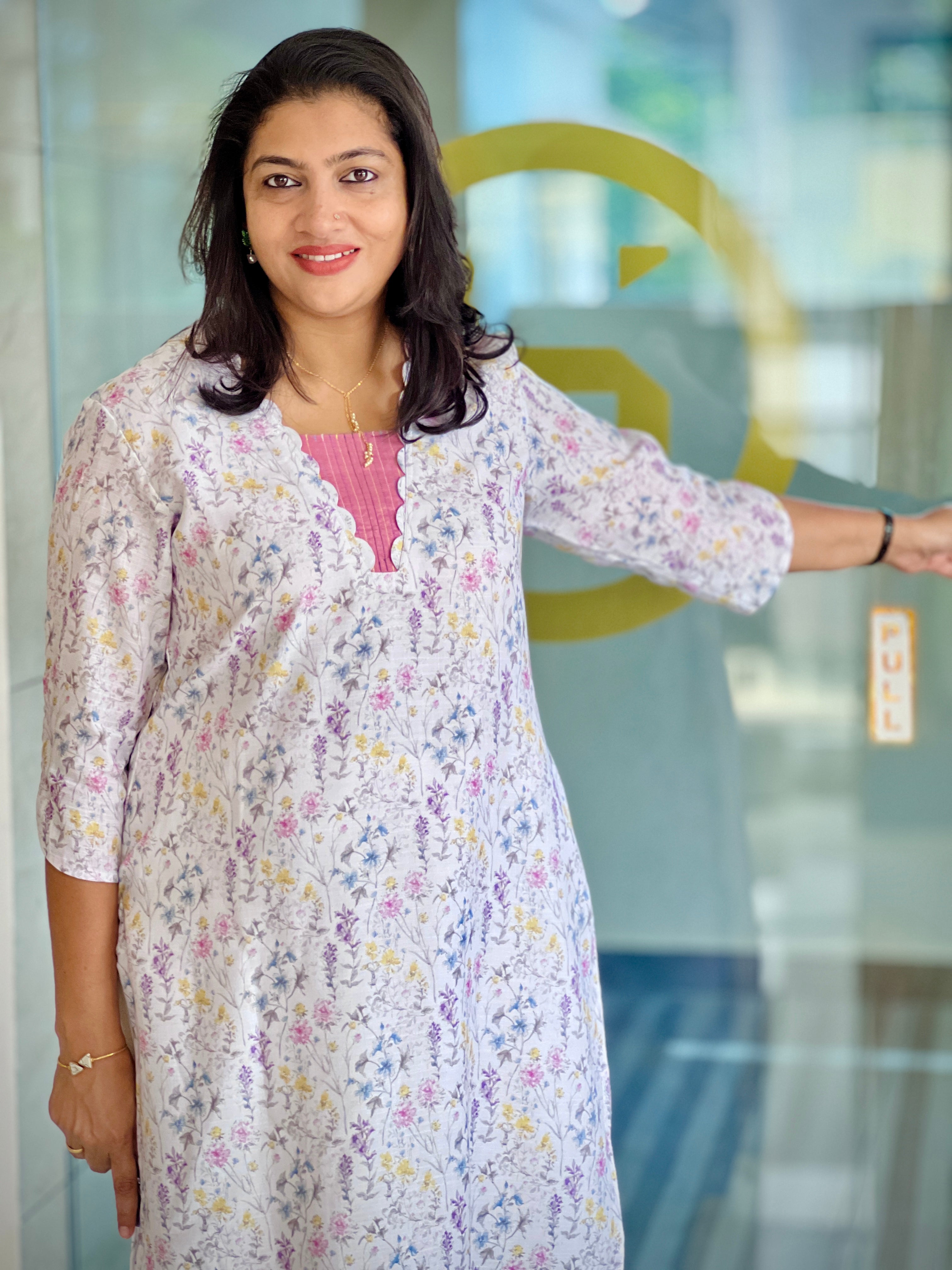 Floral Print With Patch Detailed Cotton Kurta Material | DN752