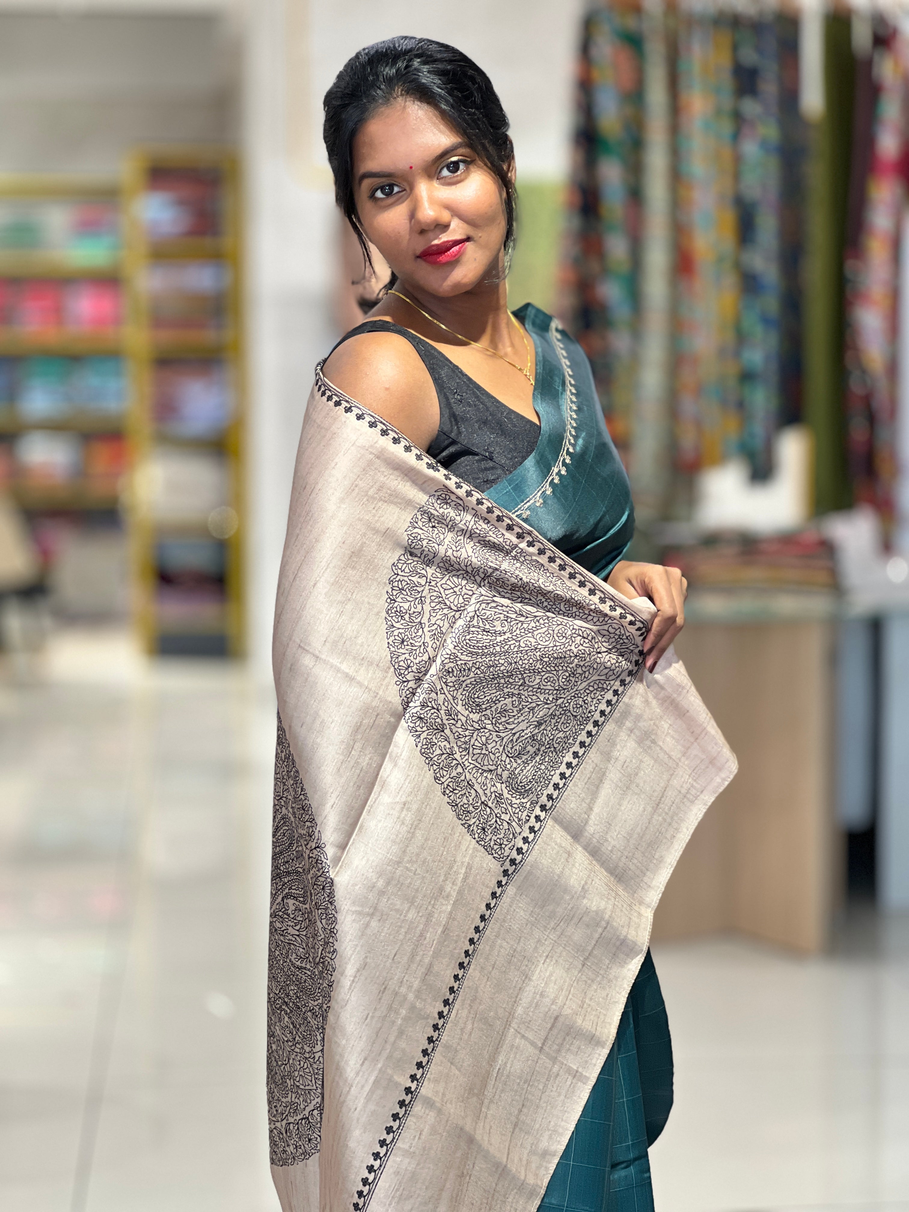 Print With Thread Embroidery Detailed Semi Tussar Saree | SUN315