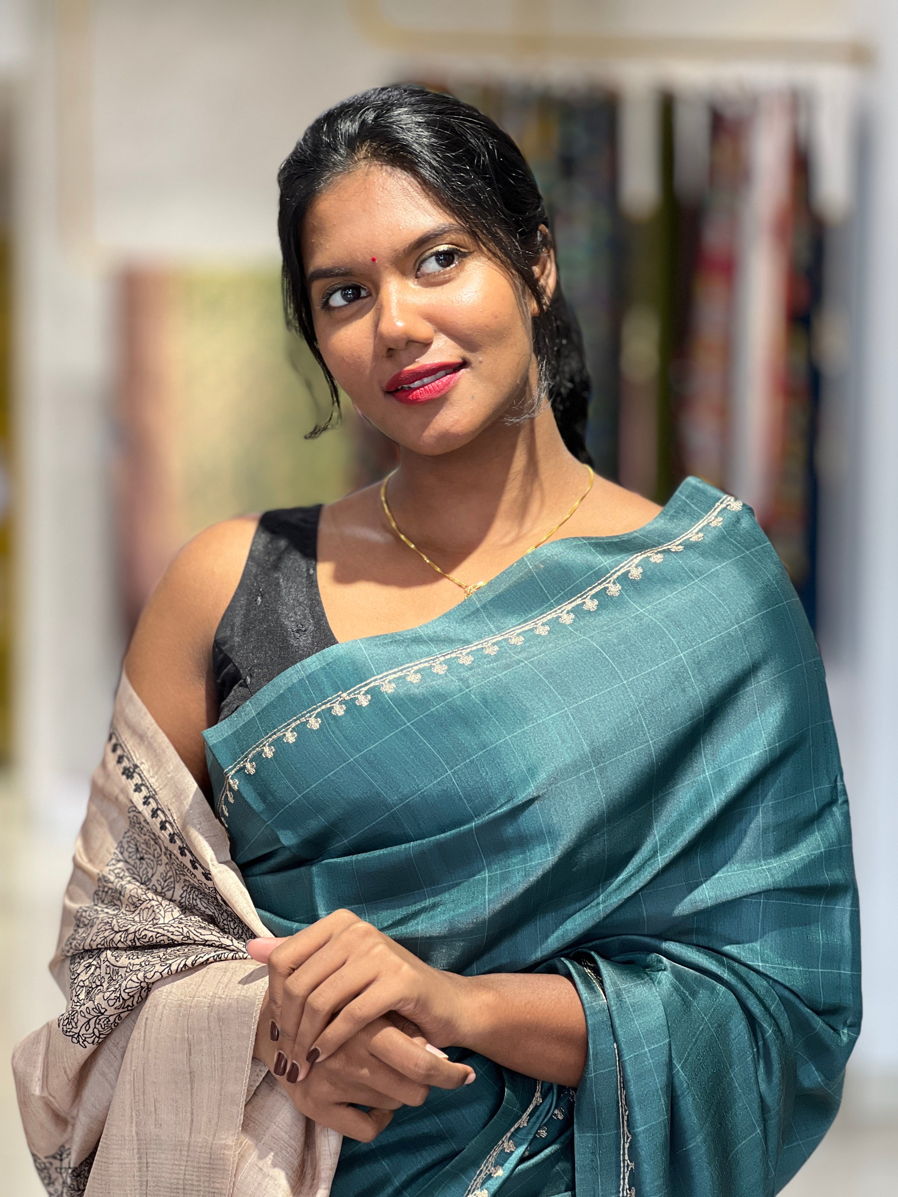 Print With Thread Embroidery Detailed Semi Tussar Saree | SUN315