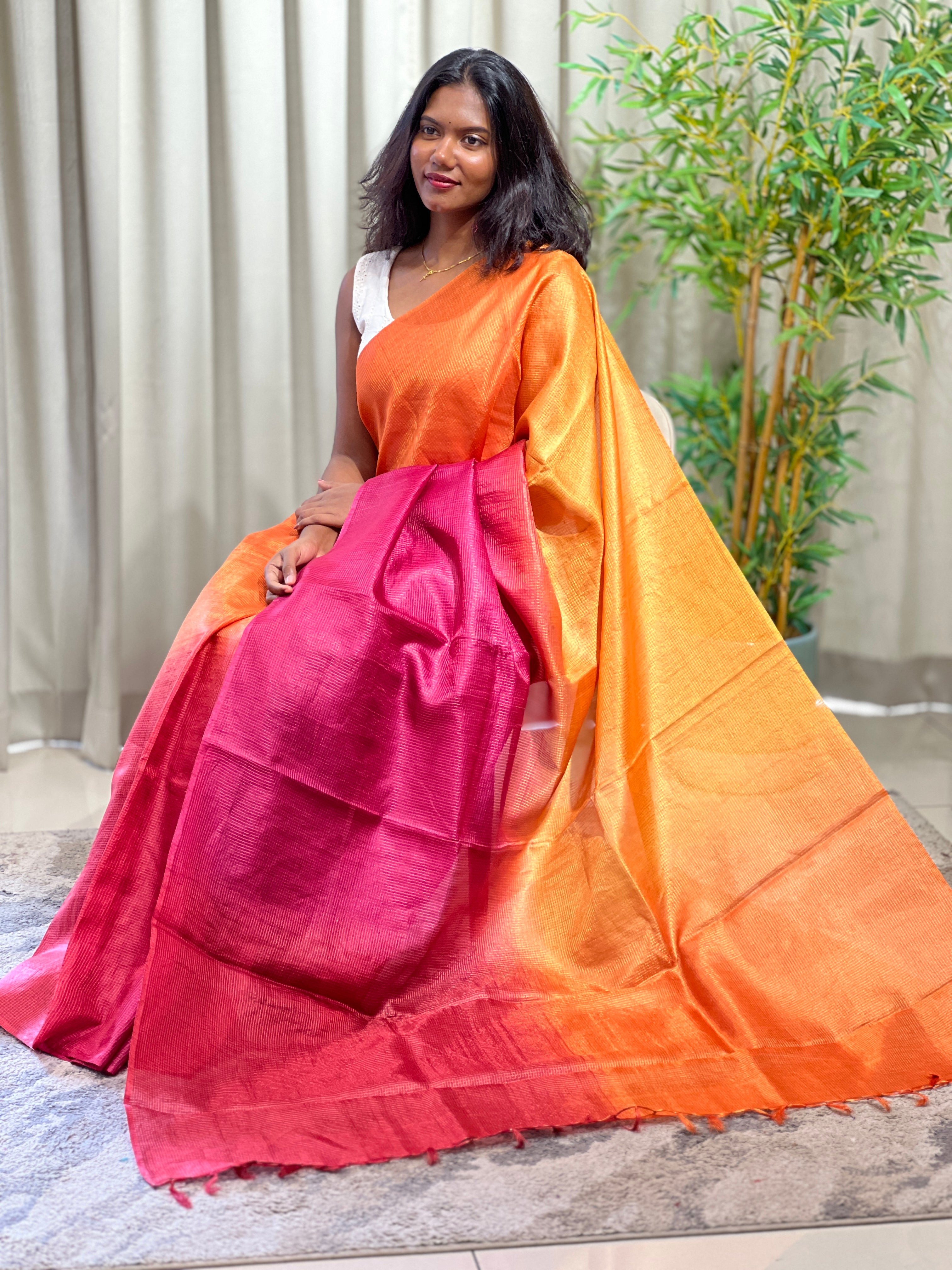 Tissue Check Pattern Tussar Saree | HS1446