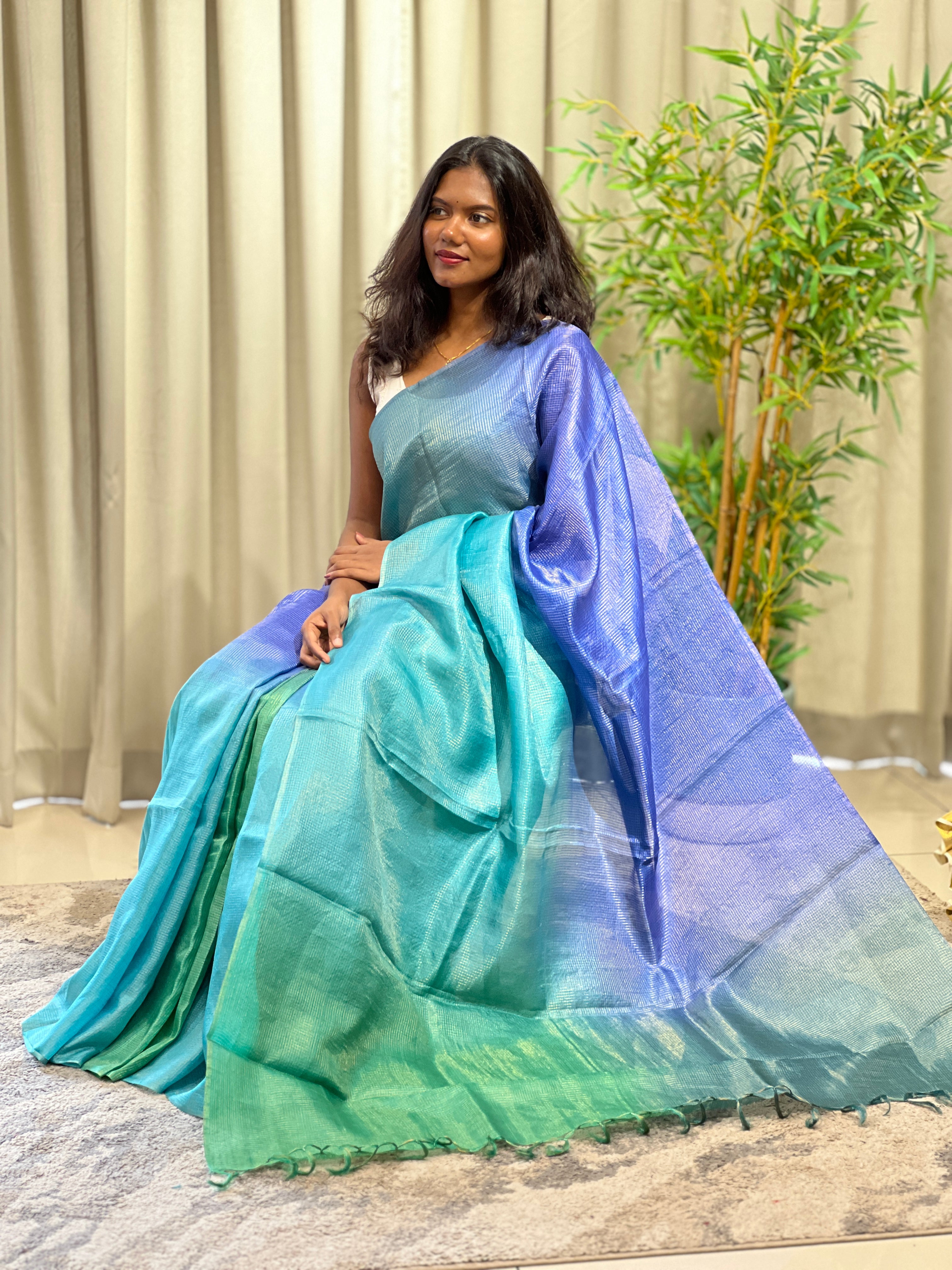 Tissue Check Pattern Tussar Saree | HS1450