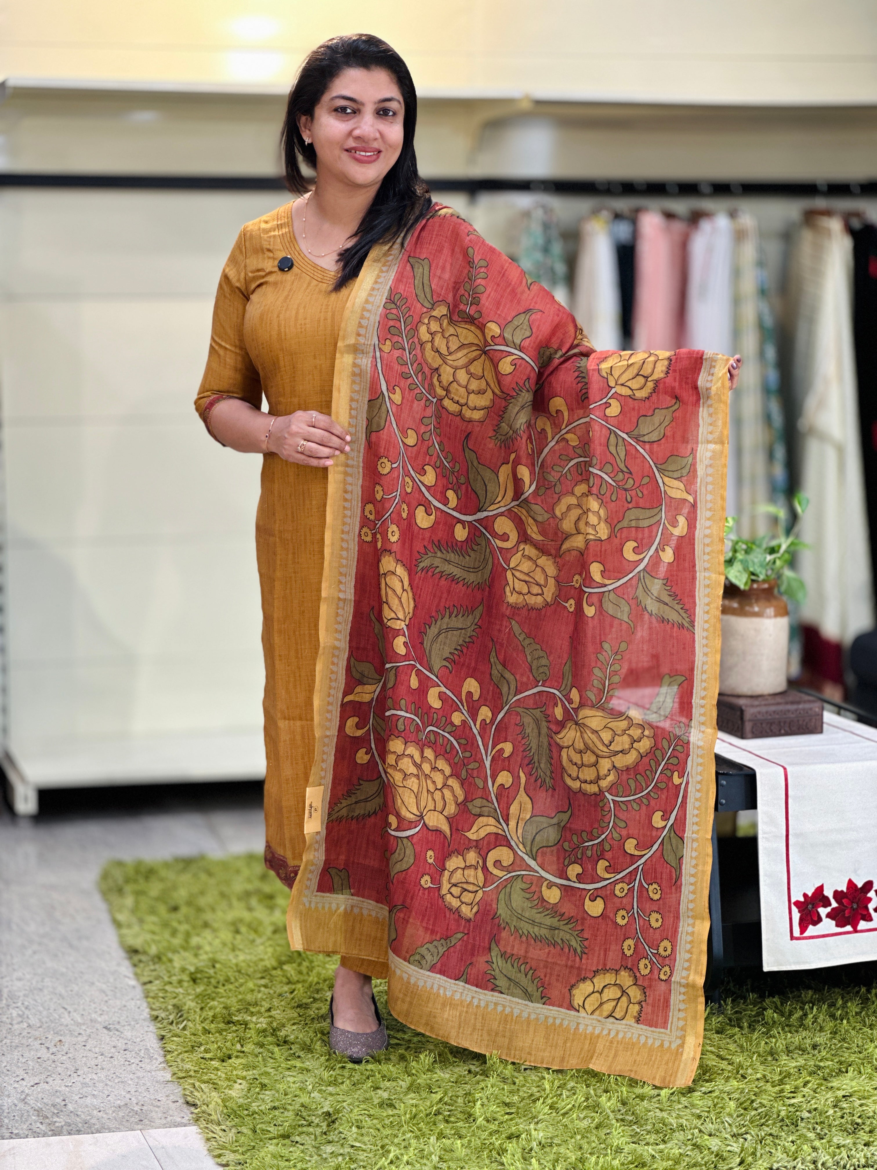 Kalamkari Patterned Digital Printed Slub Linen Cotton Salwar Set | SSN512