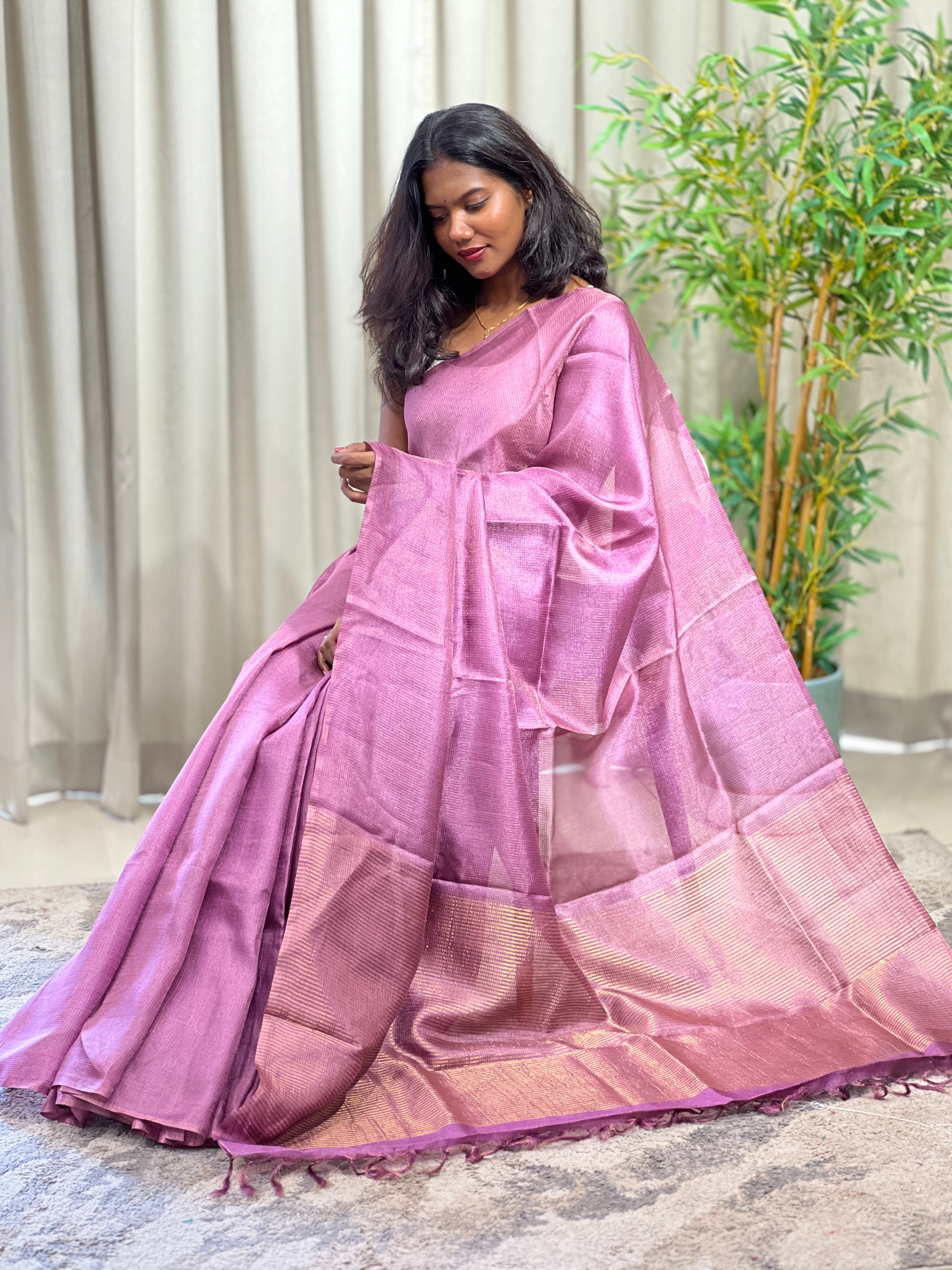 Tissue Check Pattern Tussar Saree | YNG1596