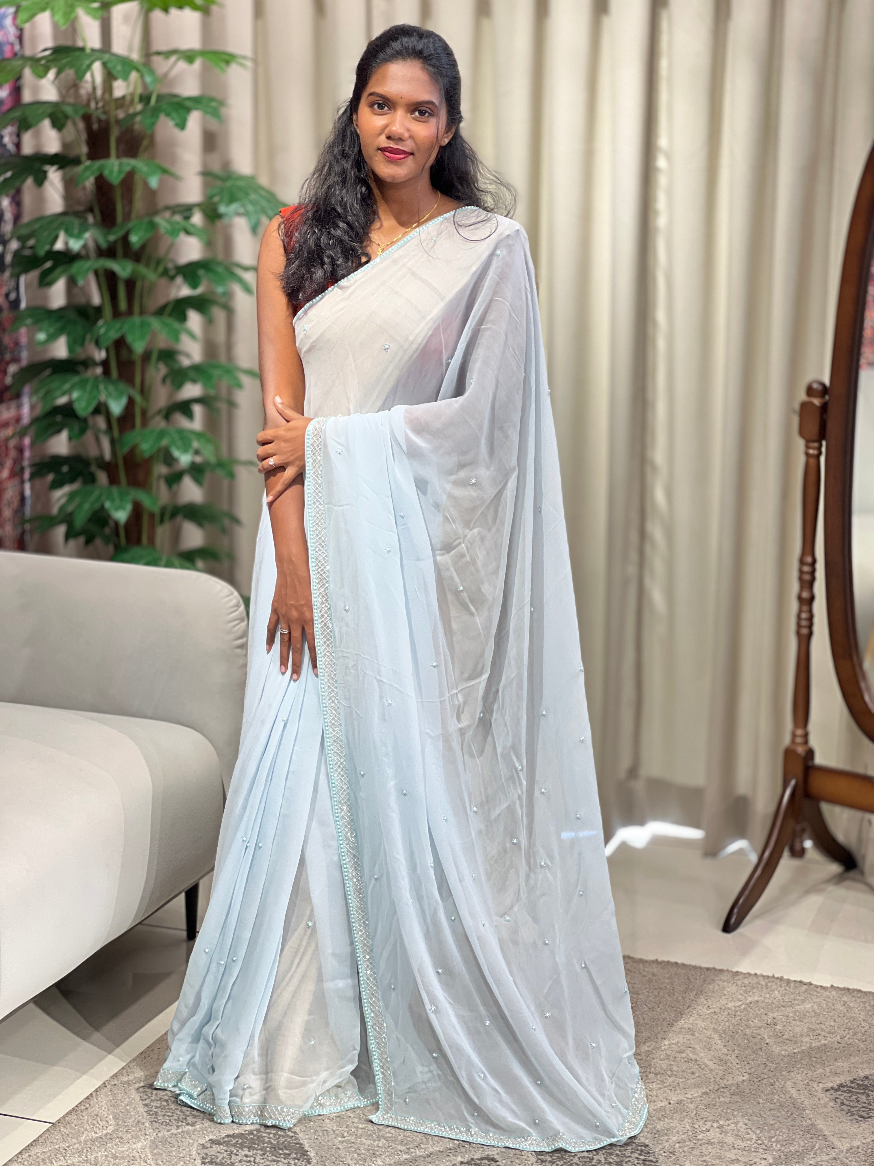 Cut Beads And Sugar Beads Detailed Pure Georgette Saree | AHD1915