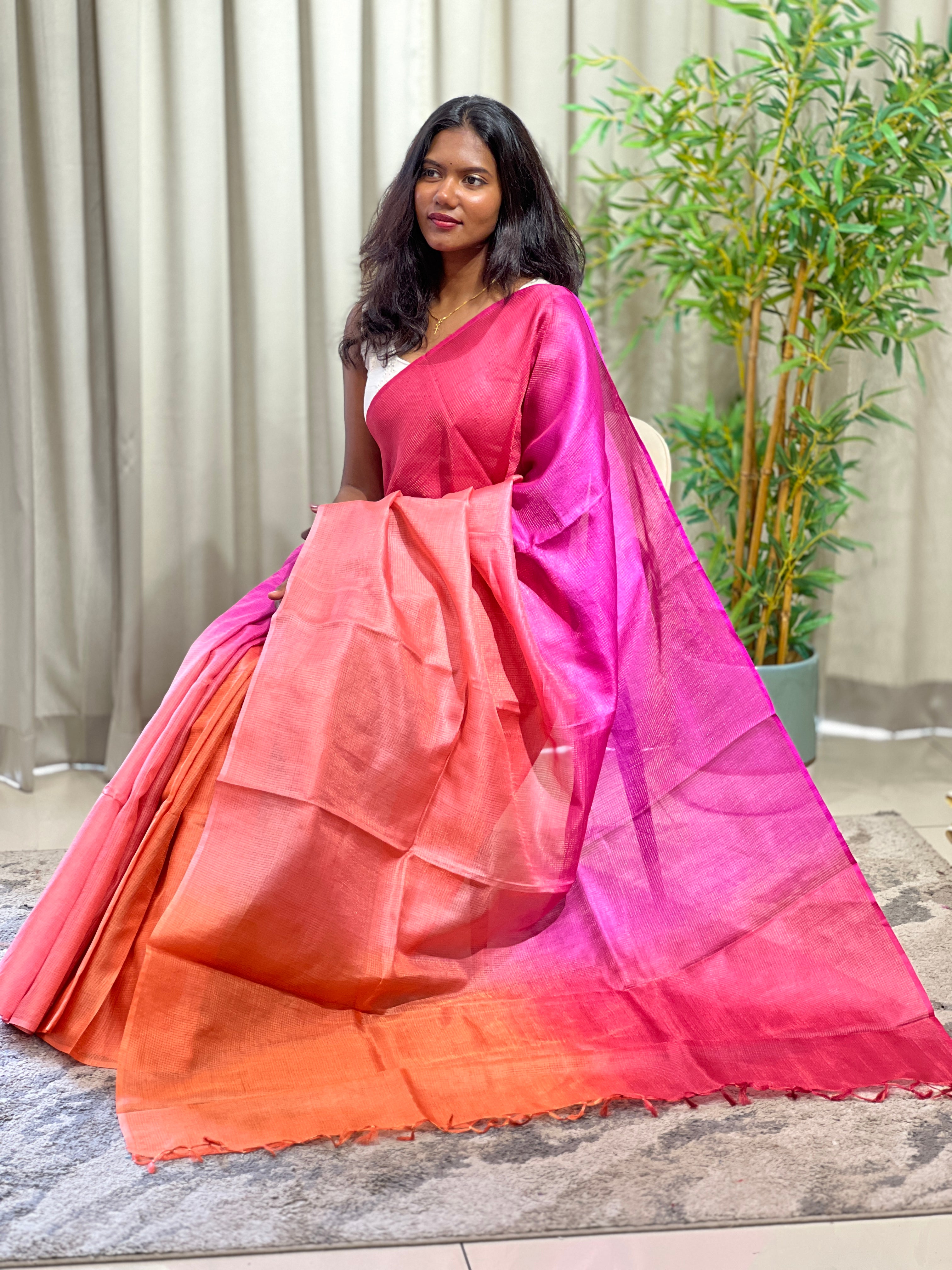 Tissue Check Pattern Tussar Saree | HS1447