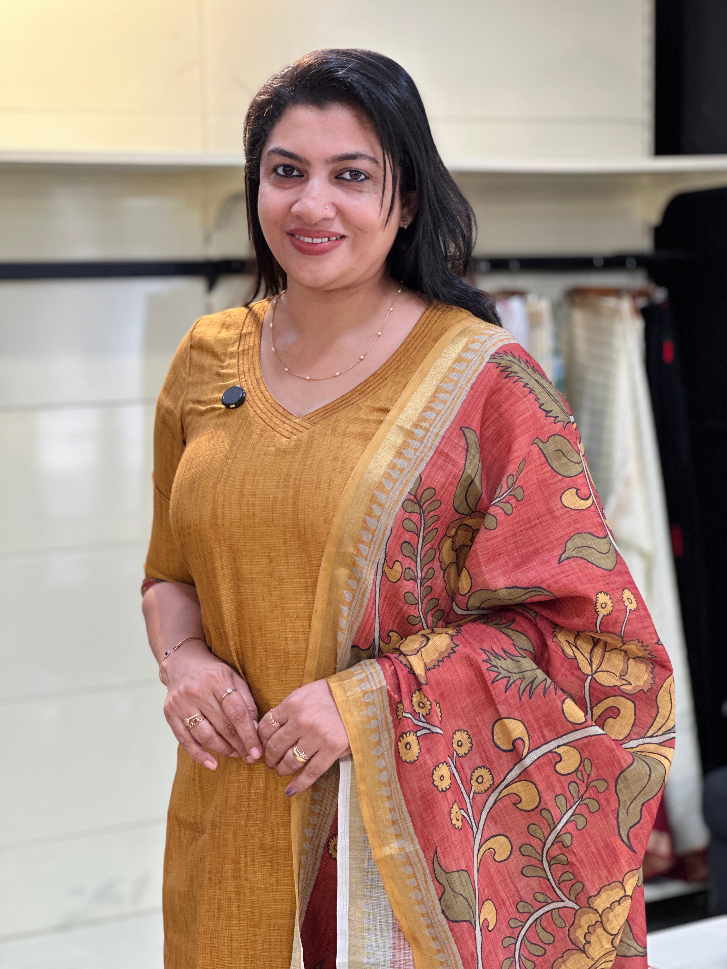 Kalamkari Patterned Digital Printed Slub Linen Cotton Salwar Set | SSN512