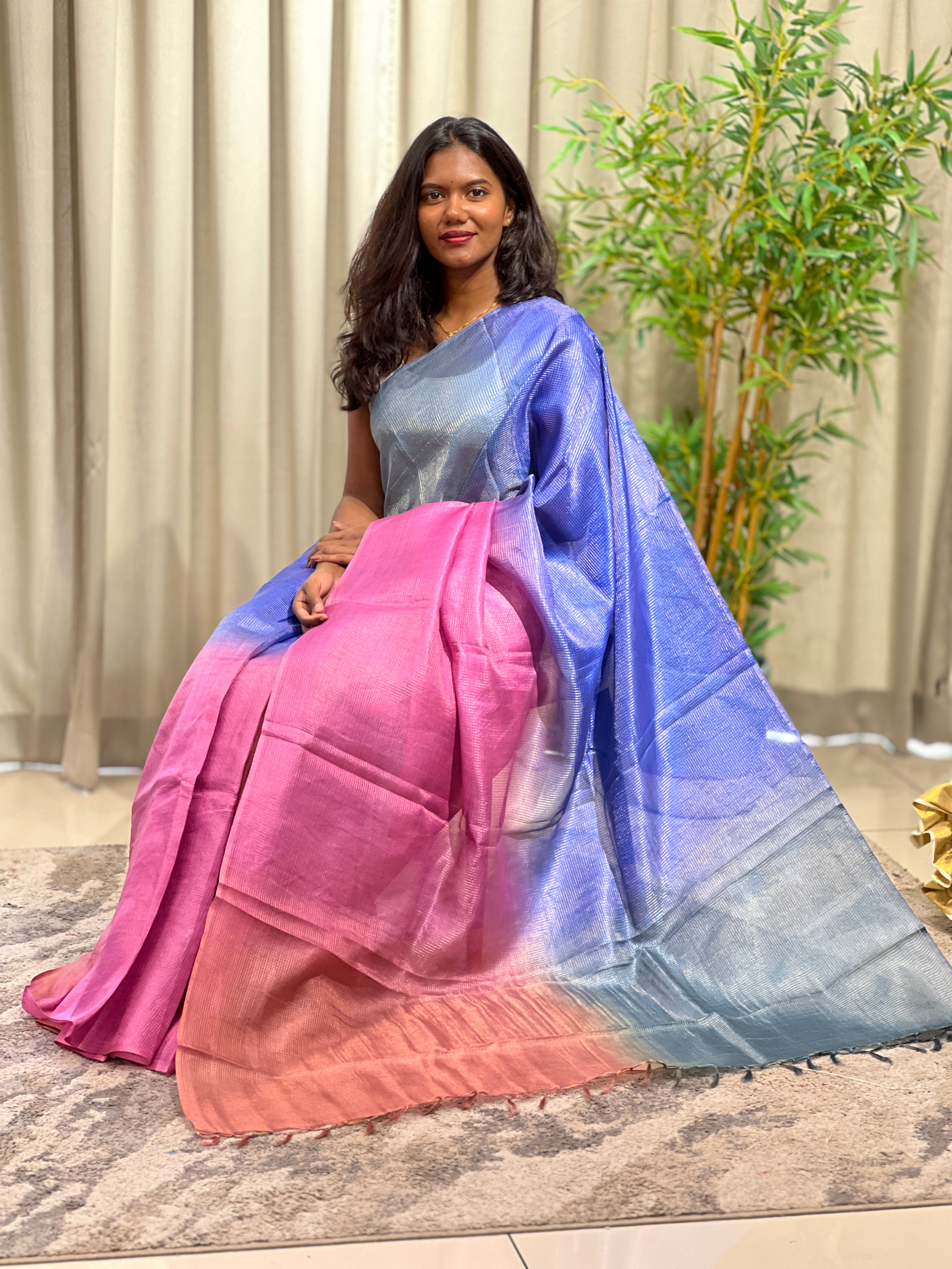 Tissue Check Pattern Tussar Saree | HS1449