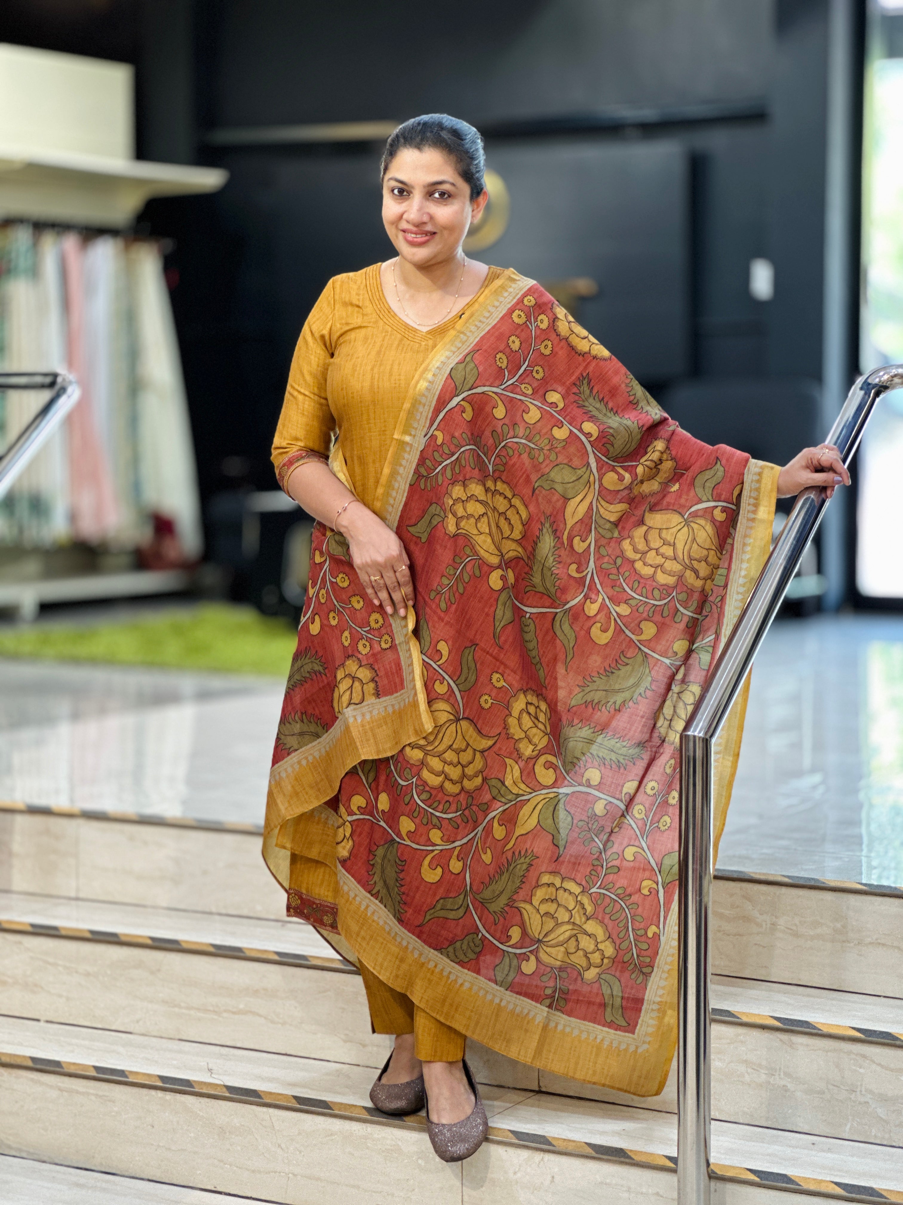 Kalamkari Patterned Digital Printed Slub Linen Cotton Salwar Set | SSN512