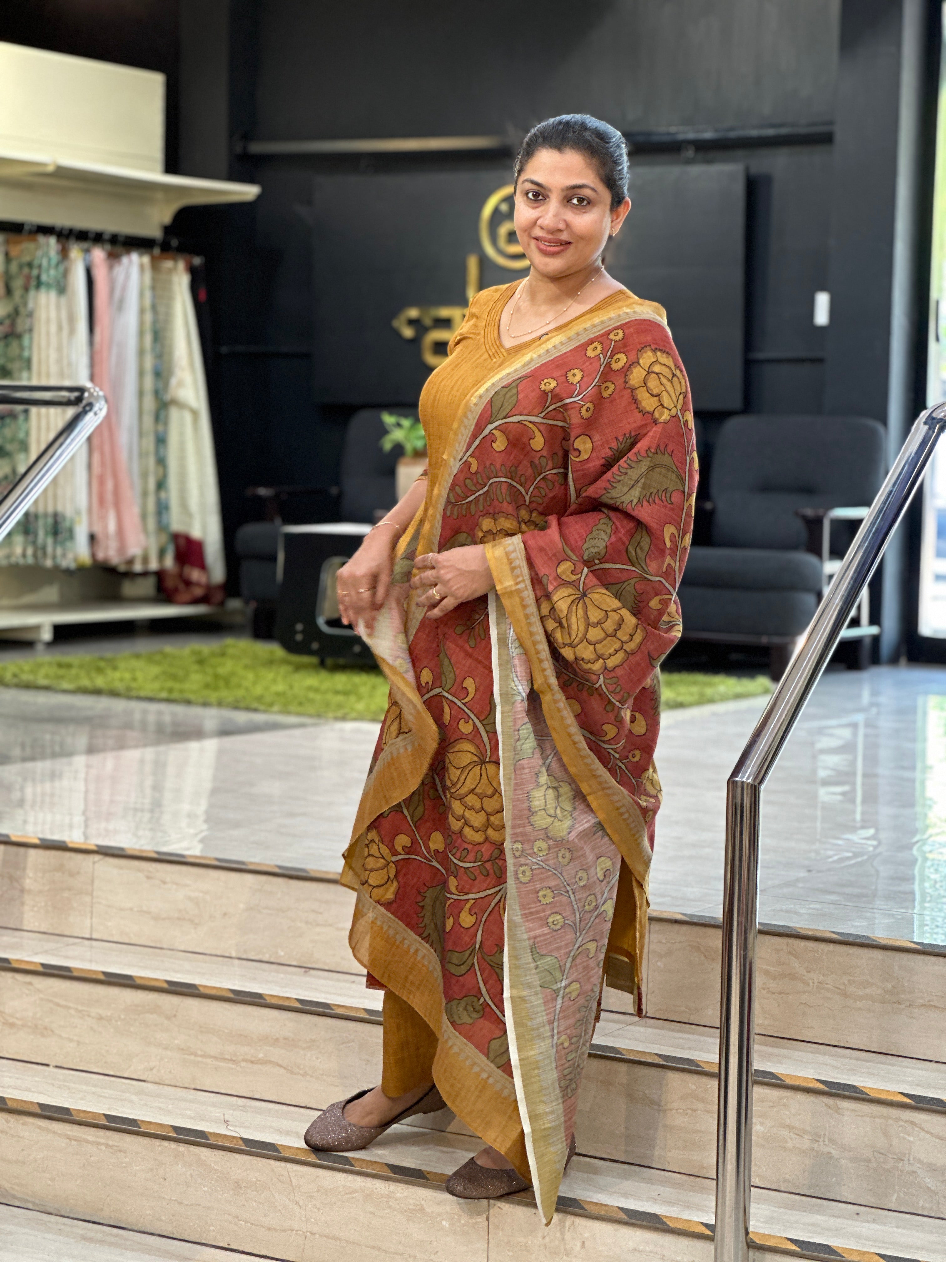 Kalamkari Patterned Digital Printed Slub Linen Cotton Salwar Set | SSN512