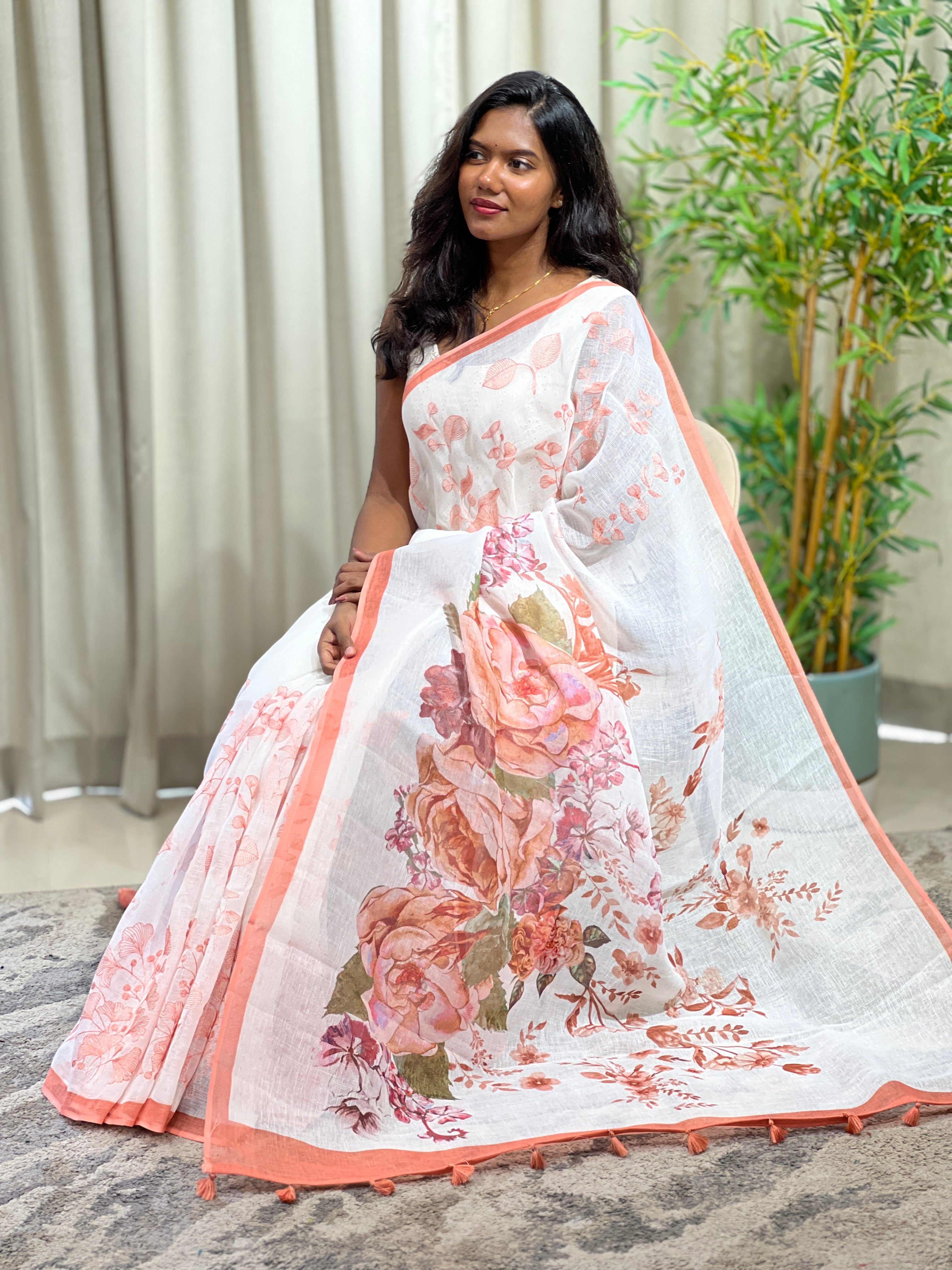 Floral Printed Pattern Linen Saree | YNG1477