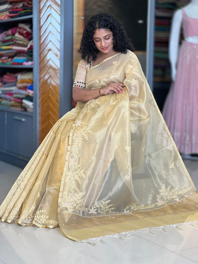 Hand Embroidery Patterned Golden Tissue Kota Saree | SVF121