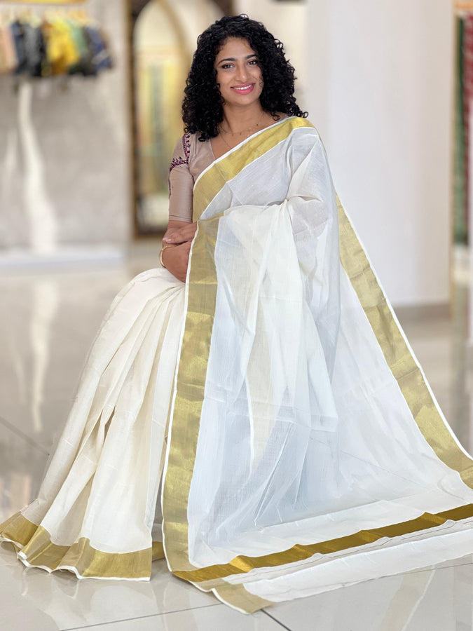 Golden Kasavu Border Kerala Cotton Saree | GAT298