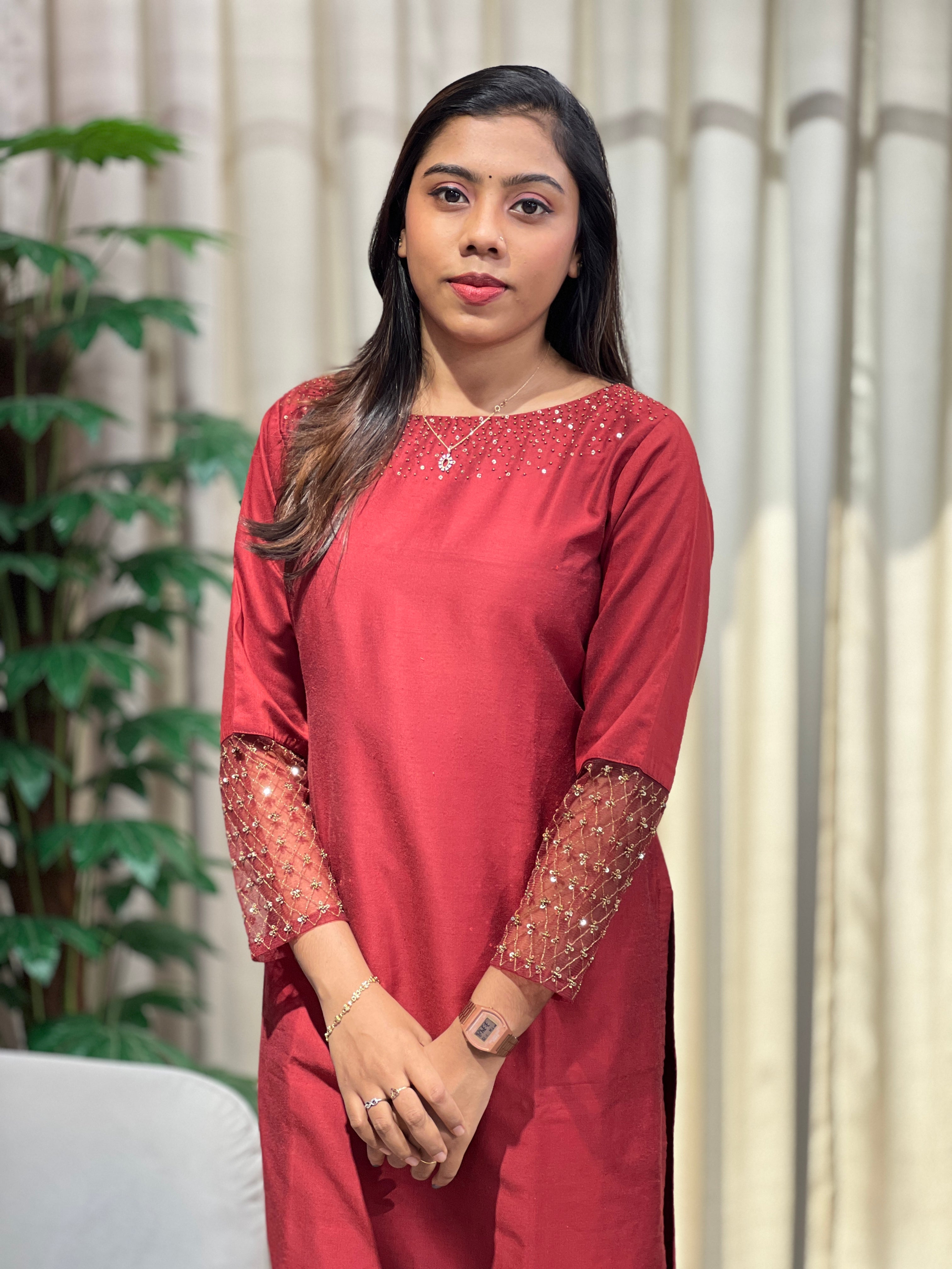 Sequins & Beads Embroidered Cotton Kurta | DNT123