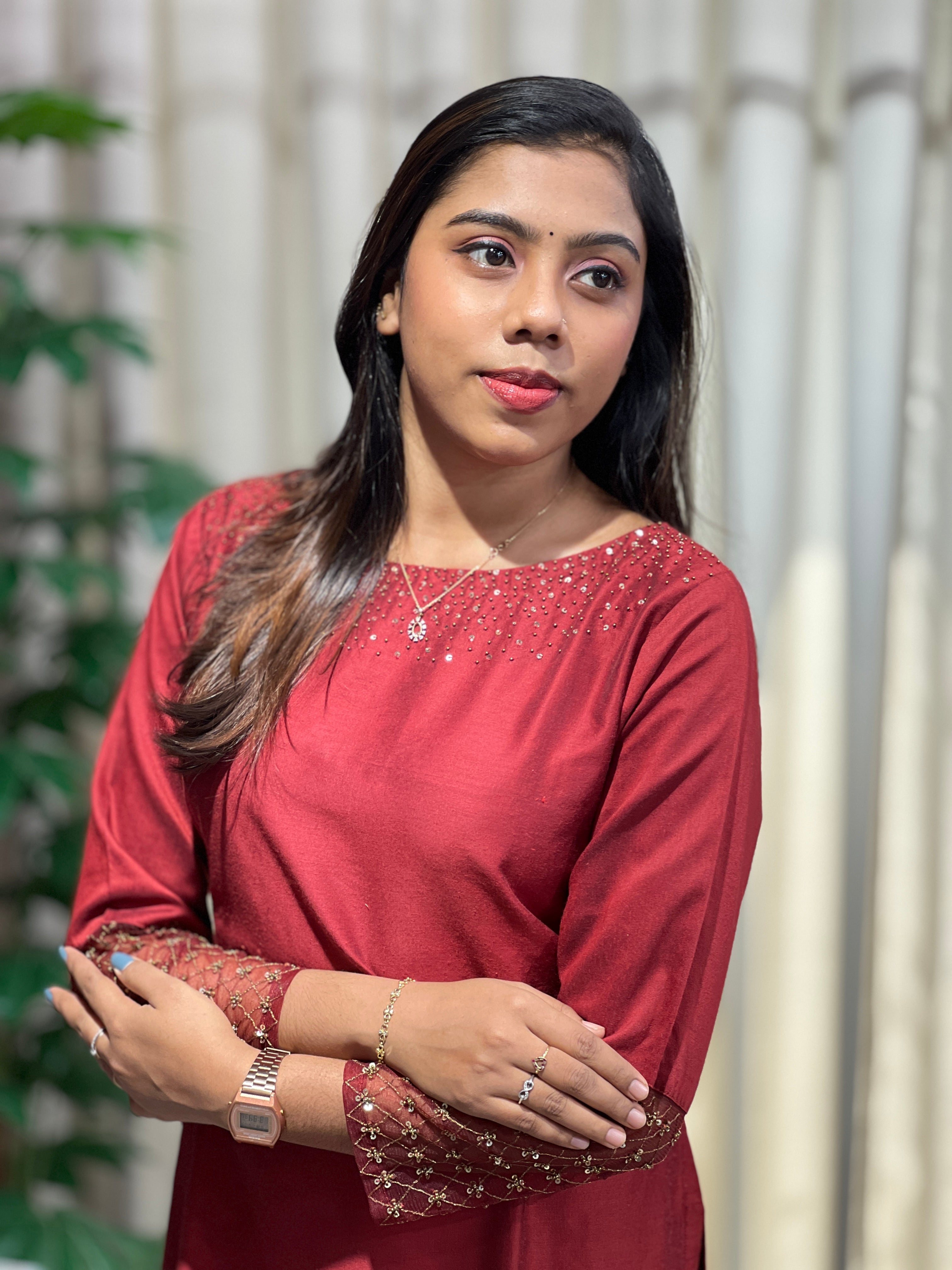 Sequins & Beads Embroidered Cotton Kurta | DNT123