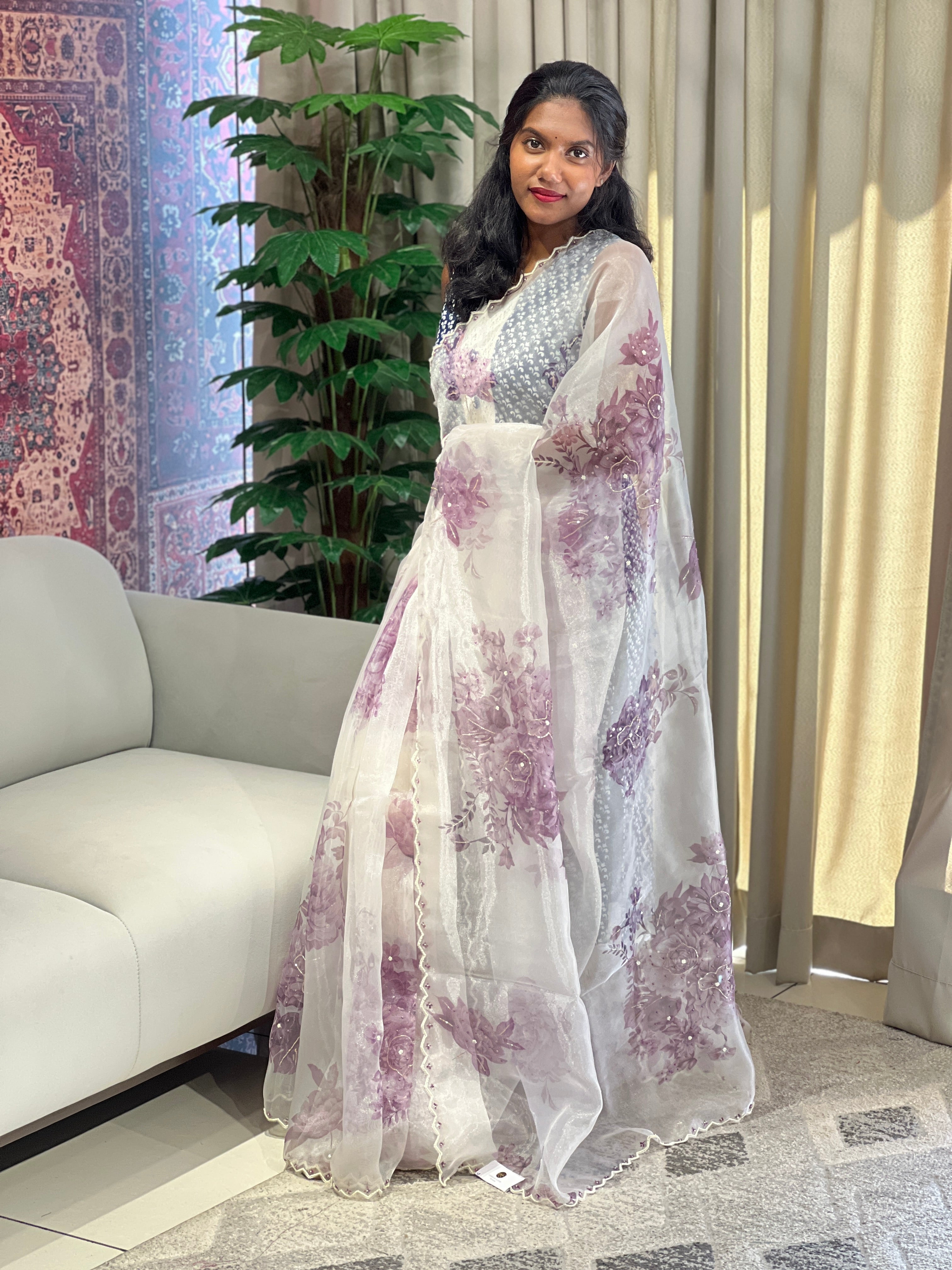 Floral Digital Print With Beads Highlighted Glass Organza Saree | BLD1756