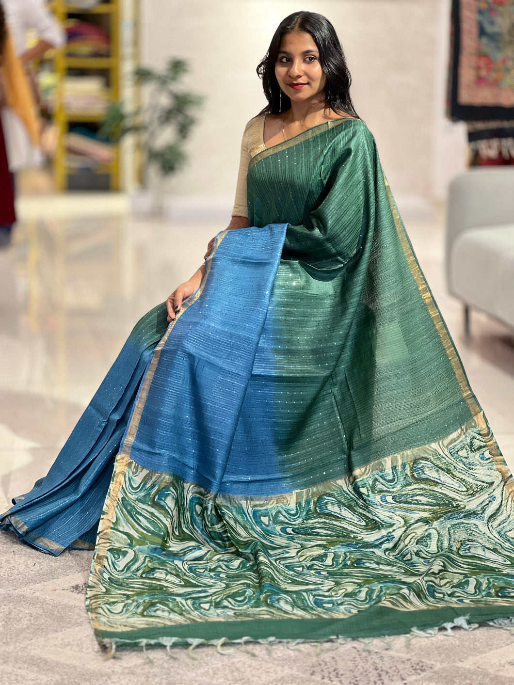 Kesiya & Digital Print Detailed Tussar Saree | ACT1362