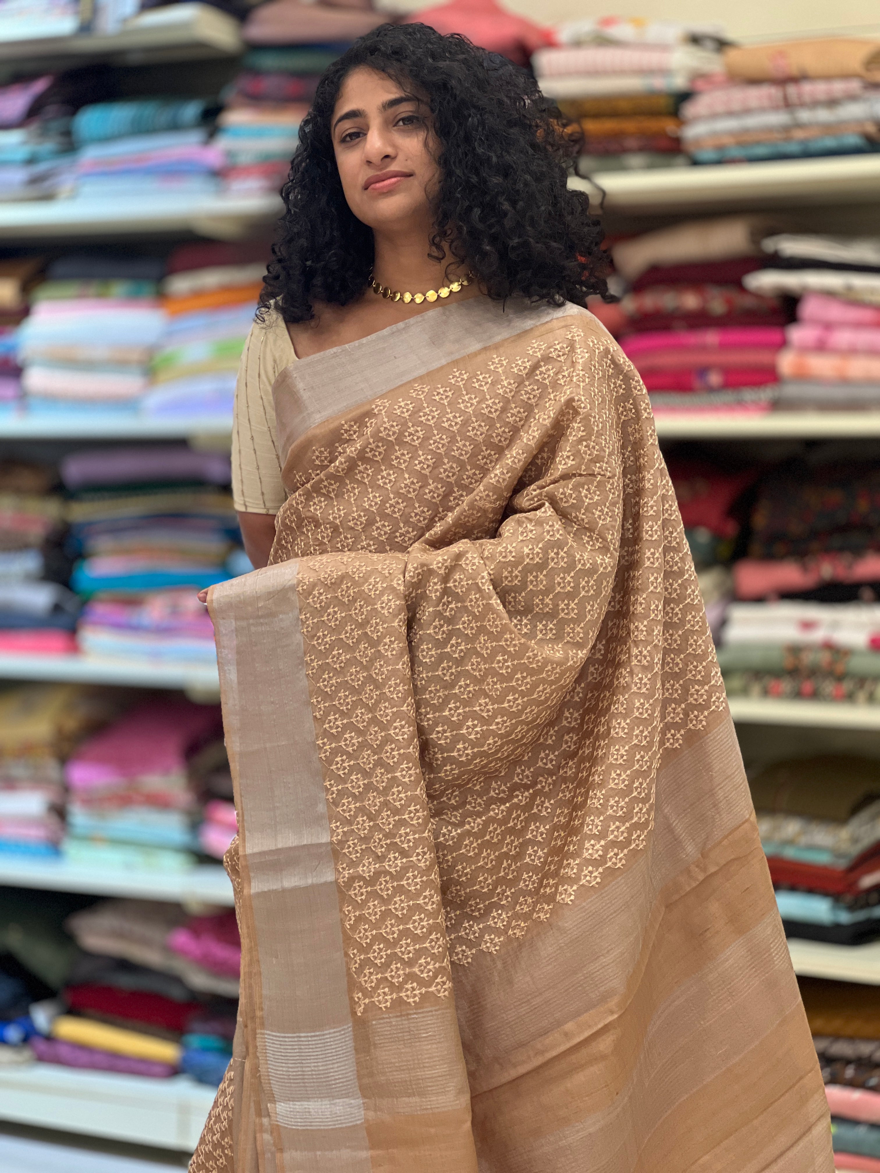 Embroidery And Silver Zari Border Pattern Tussar Saree | HS1049