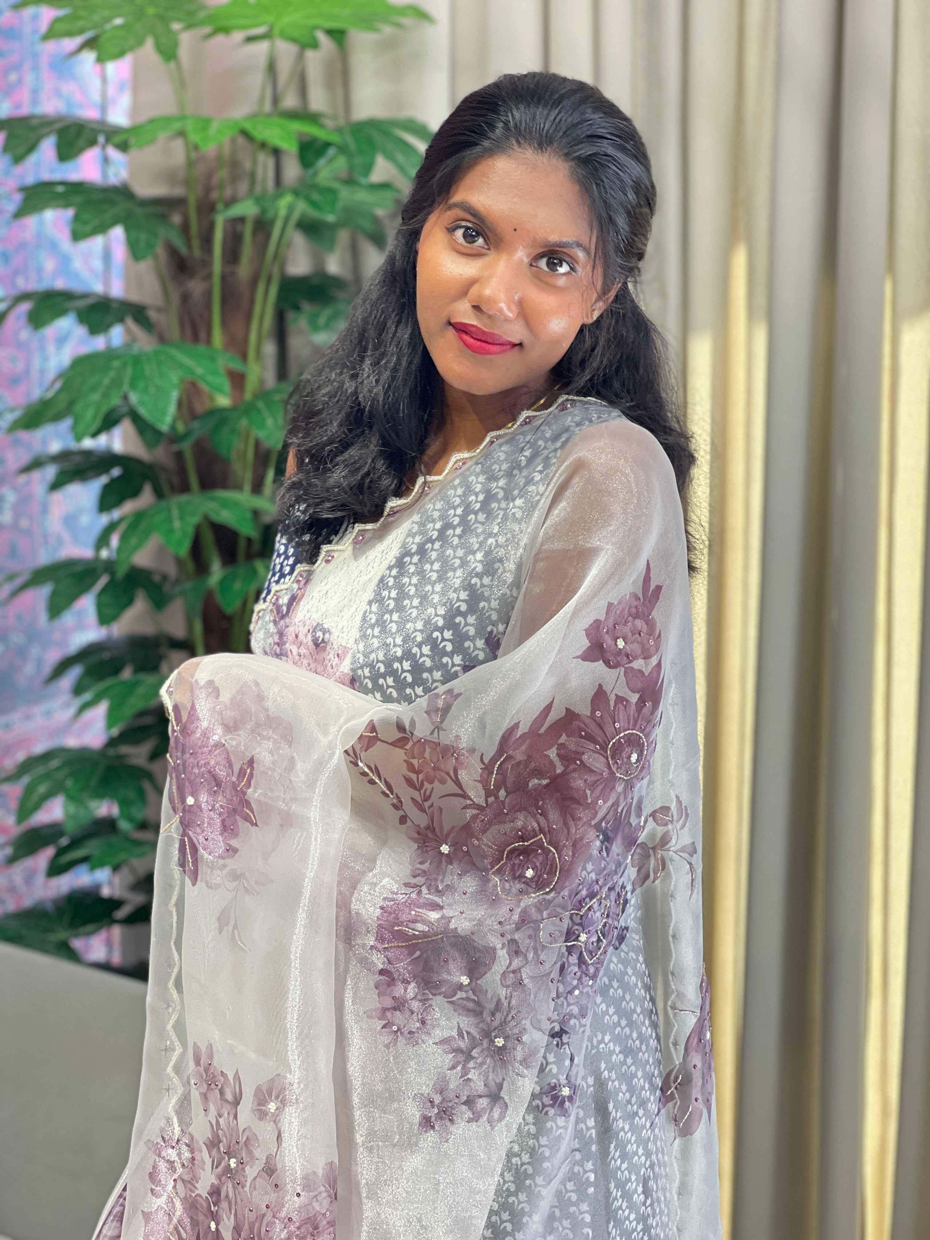 Floral Digital Print With Beads Highlighted Glass Organza Saree | BLD1756