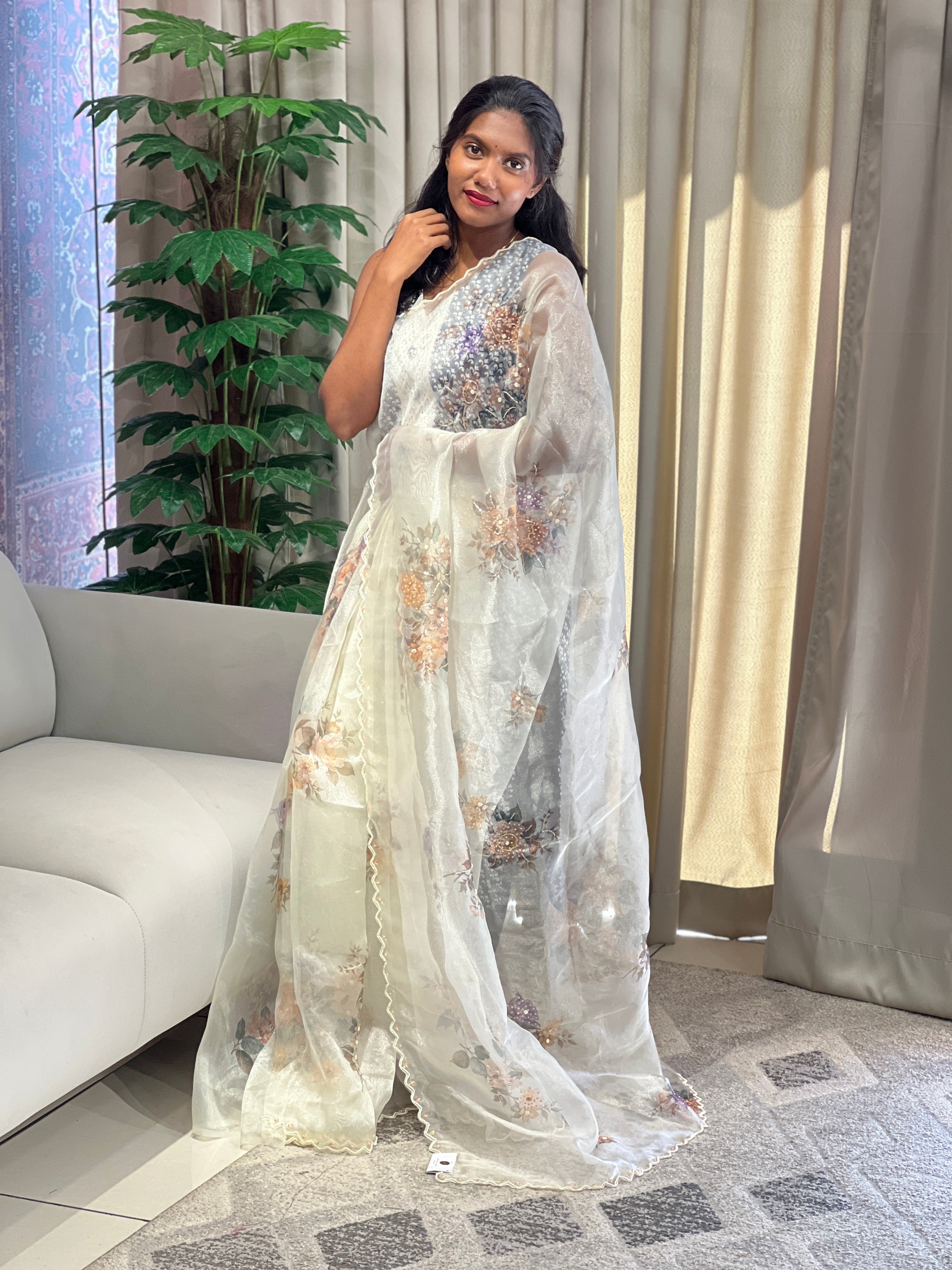 Floral Digital Print With Beads Highlighted Glass Organza Saree | BLD1774