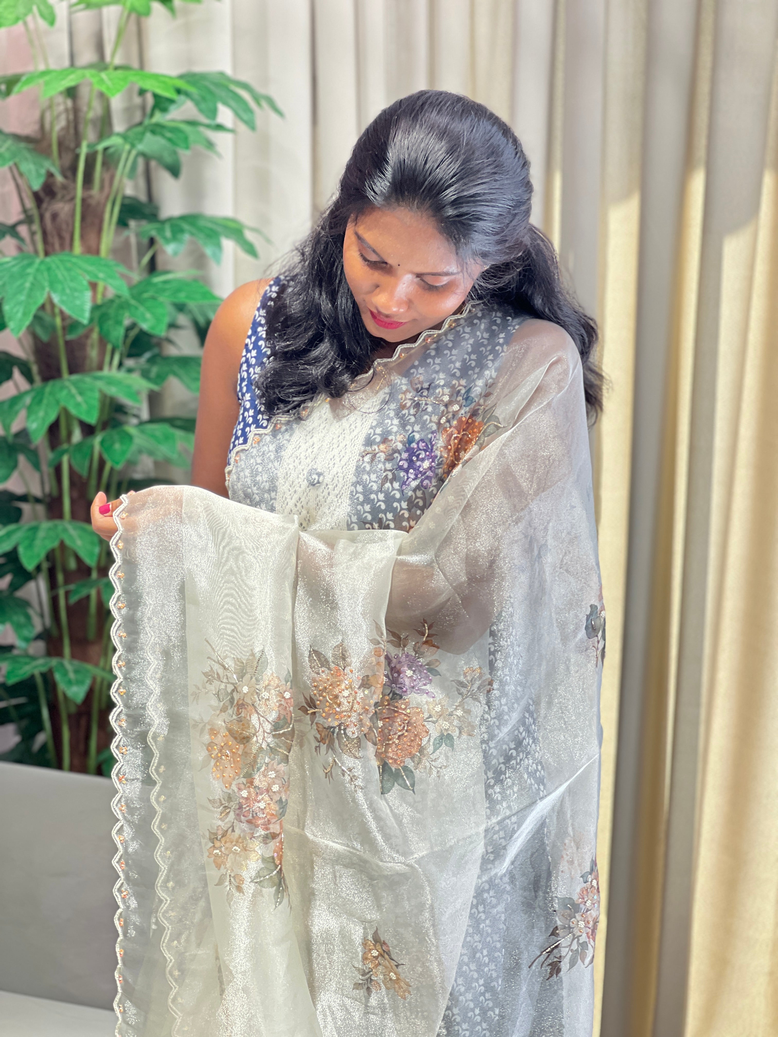 Floral Digital Print With Beads Highlighted Glass Organza Saree | BLD1774